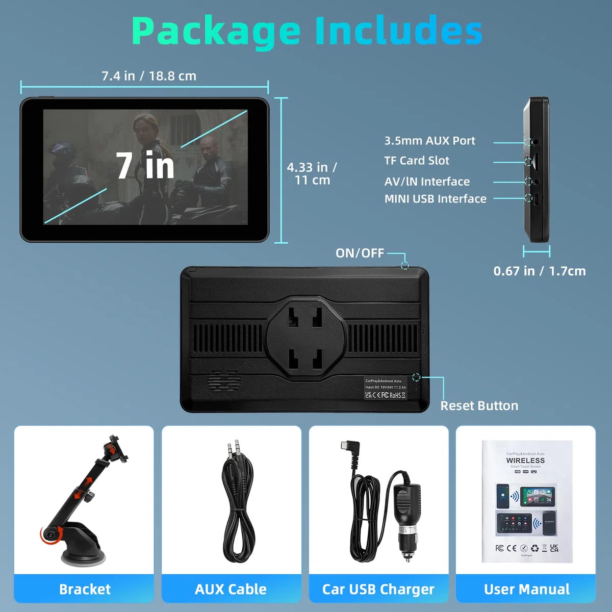 7-calowy ekran Apple CarPlay, ekran Android Auto, tablet samochodowy z Bluetooth/FM/AUX, obsługa Mirror Link/sterowania głosowego/nawigacji GPS