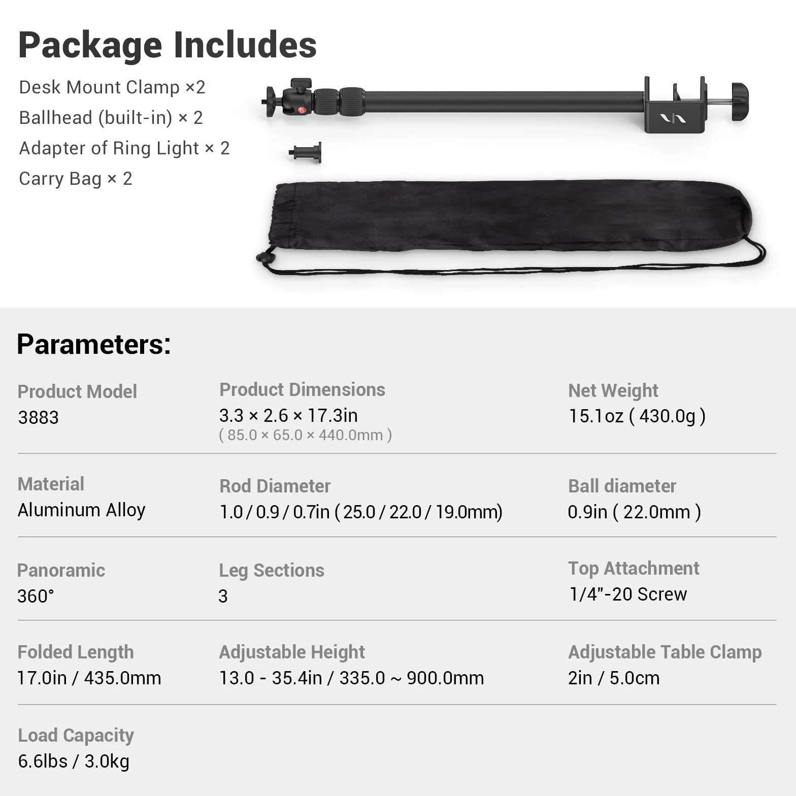 SMALLRIG Wybór 19"-39" Uchwyt na Biurko 2 PCS Stojak Stołowy z Głowicą Kulową 1/4", Zacisk Stołowy C do lustrzanki cyfrowej, Lampa Pierścieniowa, Transmisja Strumieniowa na żywo - 3883