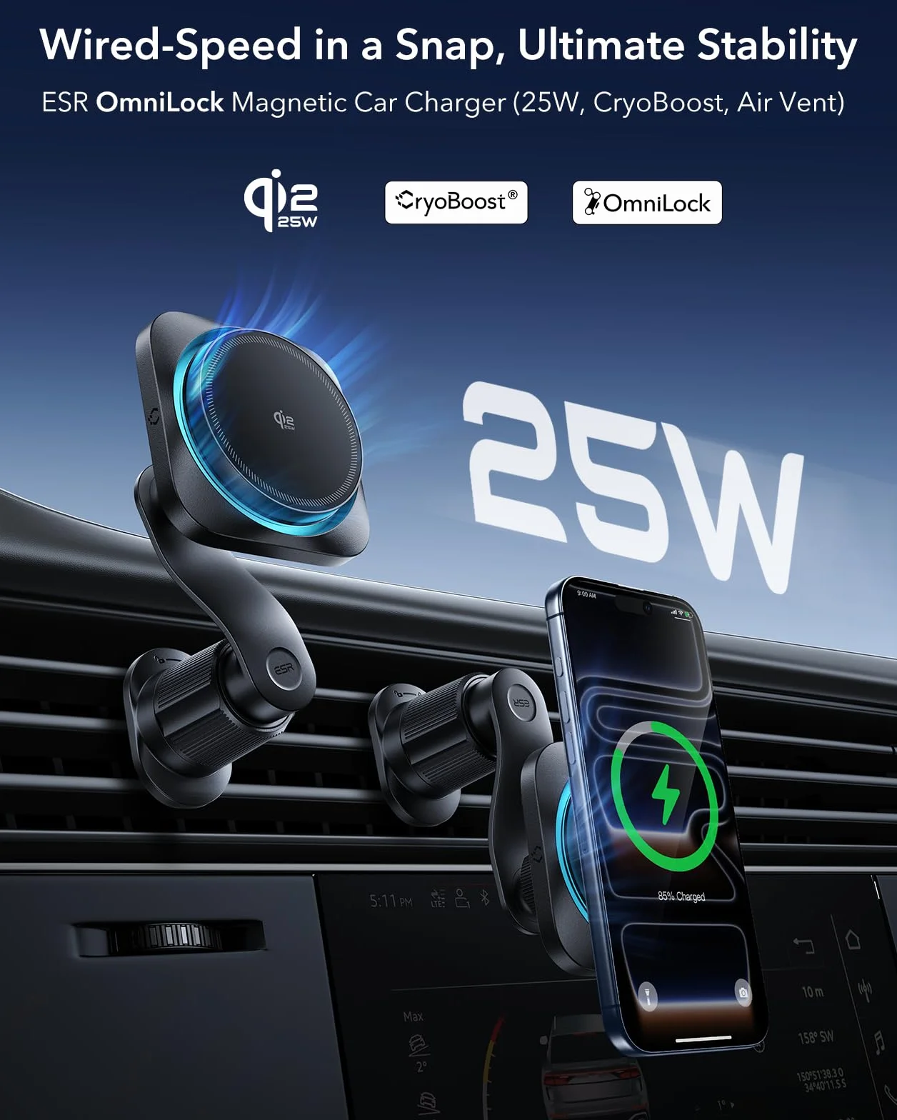 ESR OmniLock Qi2.2 Certyfikowany 25W Ładowarka MagSafe do samochodu z CryoBoost, chłodzenie telefonu, magnetyczny uchwyt na telefon do szczeliny wentylacyjnej, obracany o 360°, kompatybilny z iPhone