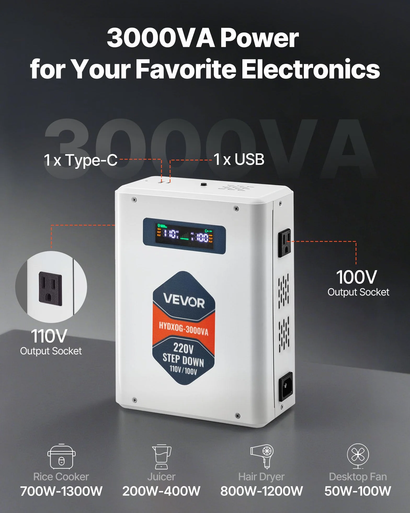 VEVOR Przetwornica napięcia Step-Down 3000 VA, Heavy Duty Transformator mocy 220 V na 110 V z 2 gniazdami USA, wyjściem USB, wyświetlaczem LCD, ochroną temperatury