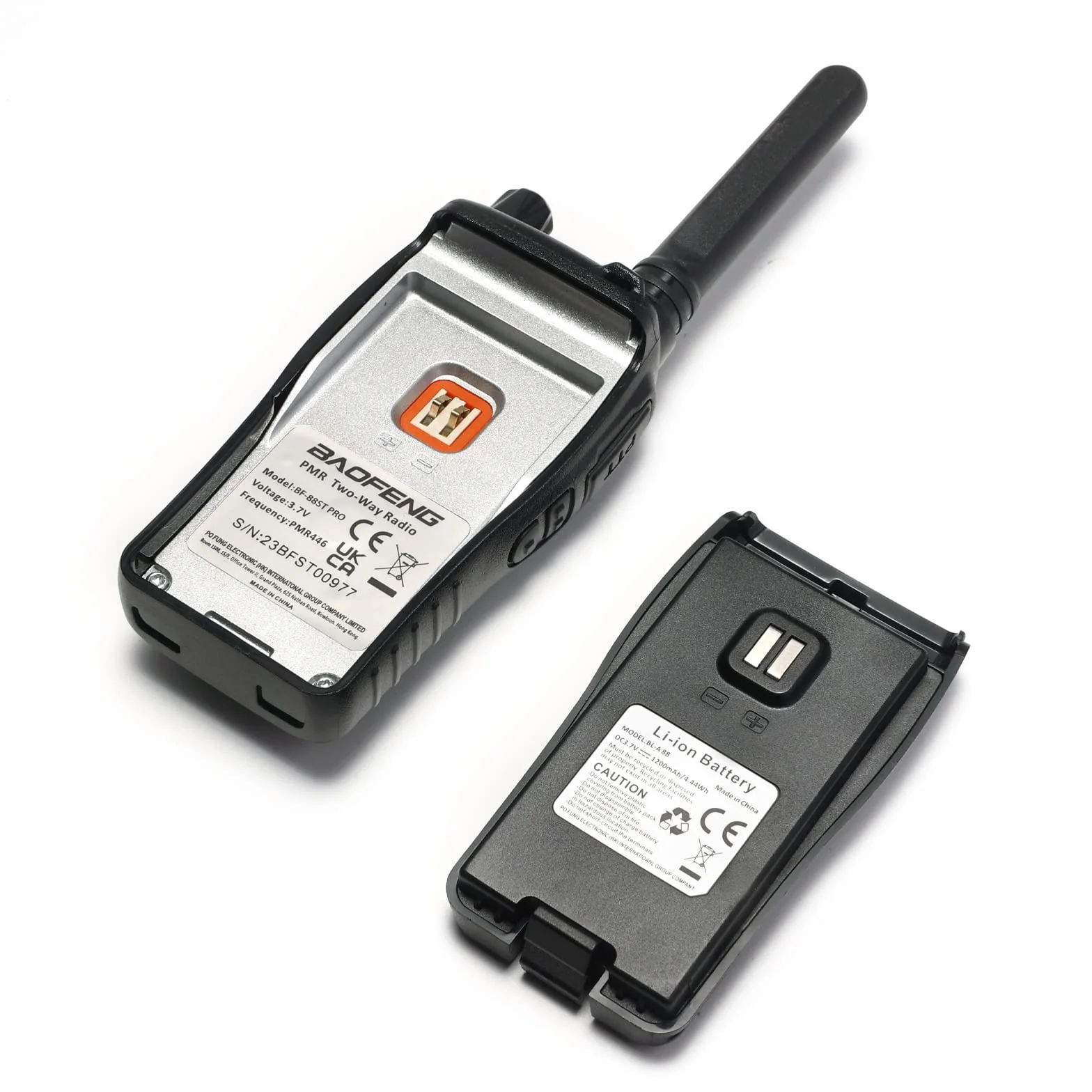 BAOFENG BF-88ST Pro PMR446 Walkie Talkie, ulepszone, dalekiego zasięgu, ładowalne, dwudrożne radia z wyświetlaczem LCD, podwójny zegarek VOX, ładowarka biurkowa i słuchawki, 2 szt