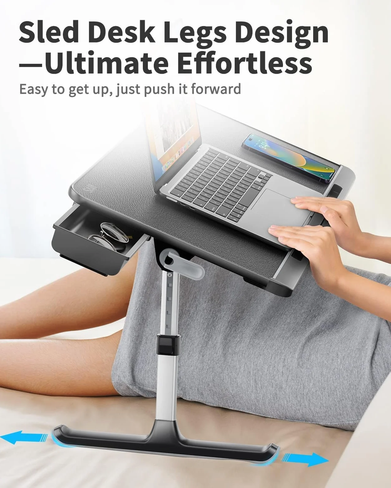 Stolik pod laptopa, stolik do łóżka, SAIJI 100% E0 Eco drewniany blat, regulowany stolik do łóżka, z szufladą, składane nogi, obciążenie 40 kg, blat stołu ze skóry PCW, do czytania, jedzenie na łóżko