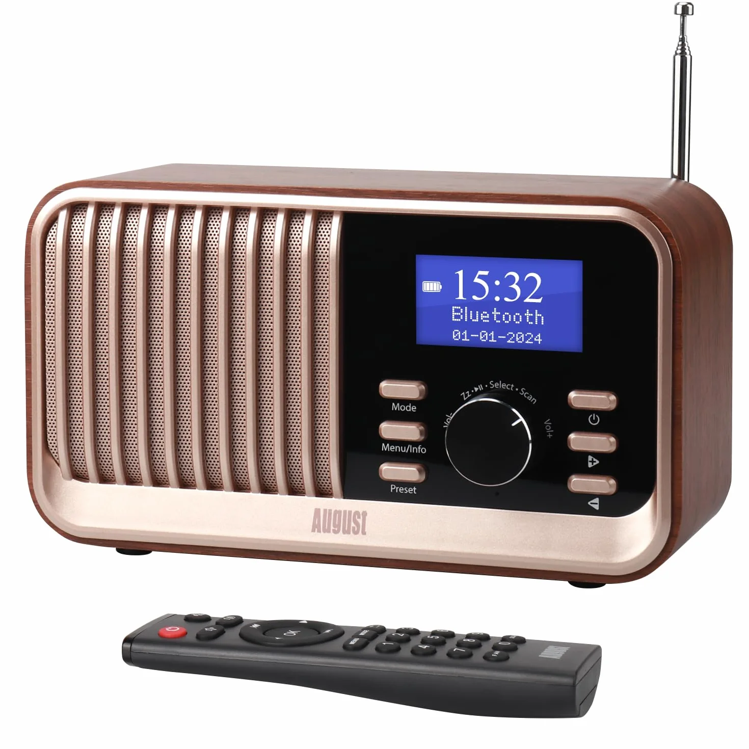 August MB450K-Radio DAB DAB+ FM Retro Przenośne Radio z Bluetooth 5.3, USB/AUX, MicroSD, Bateria 18h, Pilot Dębowy