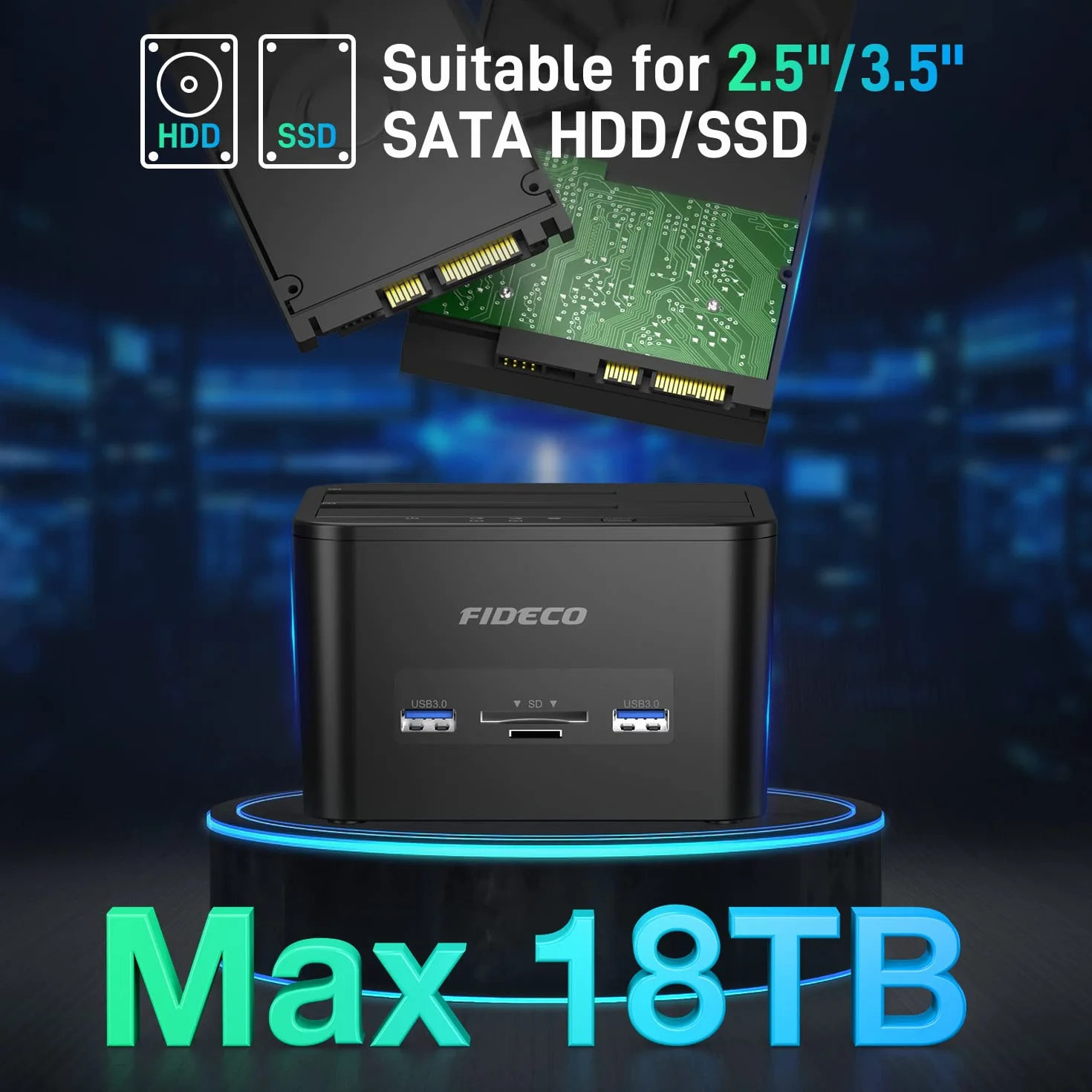 FIDECO Stacje Dokujące do Dysków Twardych, usb 3.0 Zewnętrzny Dysk Twardy Stacja Dokująca dla 2.5''/3.5'' SATA HDD oraz SSD, Obsługa klonowania offline, czytnika kart TF i SD