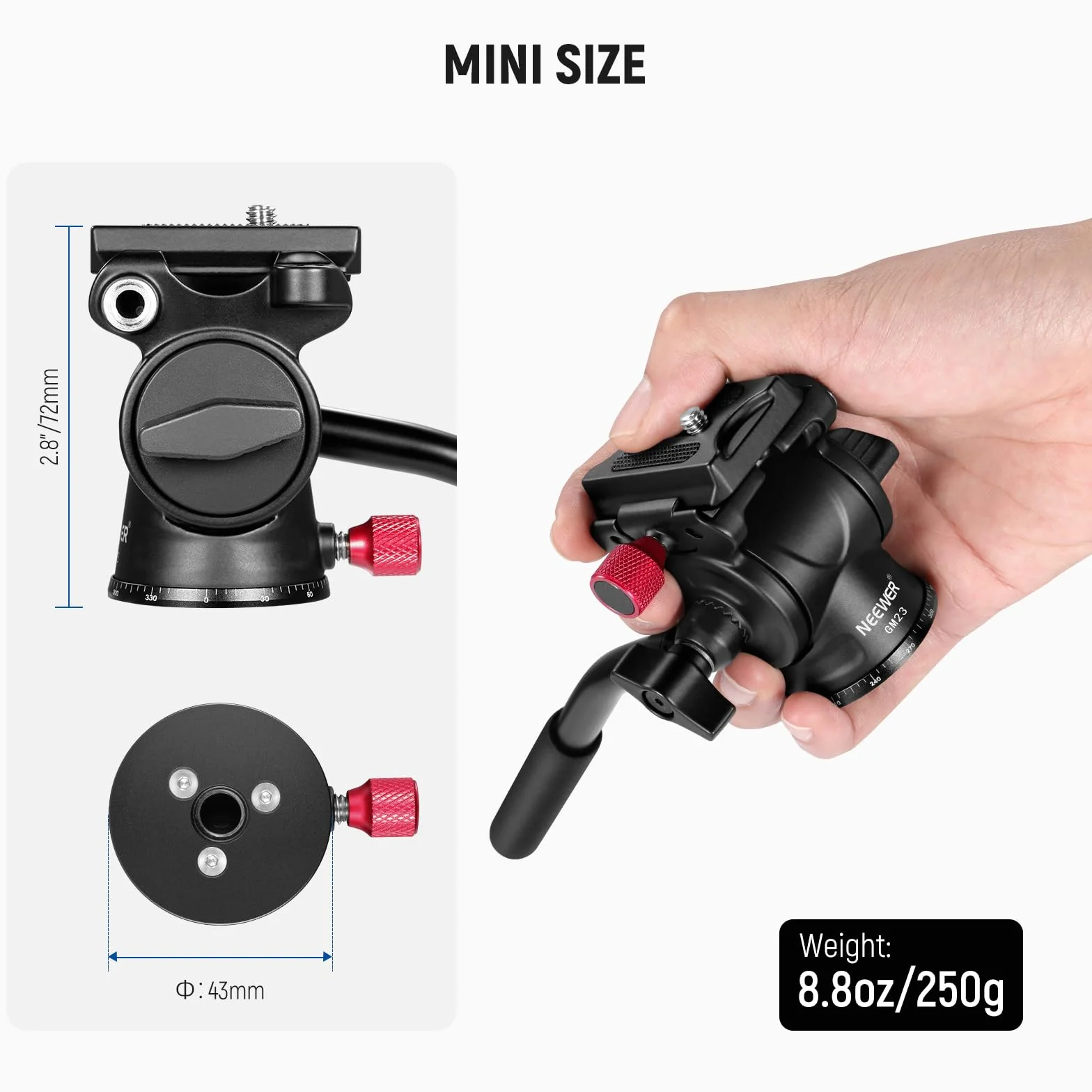 NEEWER Płynna głowica statywu Arca Quick Release, panoramiczna głowica uchylna ze stopu aluminium, ø43 mm, maksymalne obciążenie 3 kg