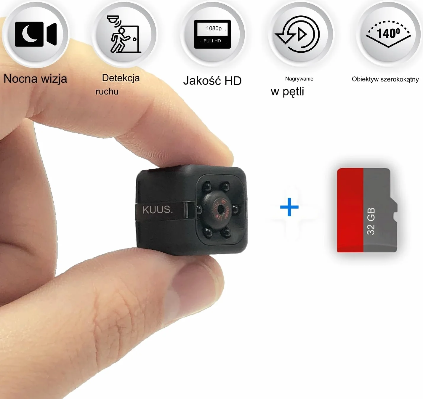 KUUS.® C1 Mini kamera szpiegowska 2,3 cm | Kamery audio i wideo | Ukryta kamera z kartą pamięci 32 GB | Mikro kamera szpiegowska bez WLAN | Tajne wnętrze | Wykrywanie ruchu | Noktowizor