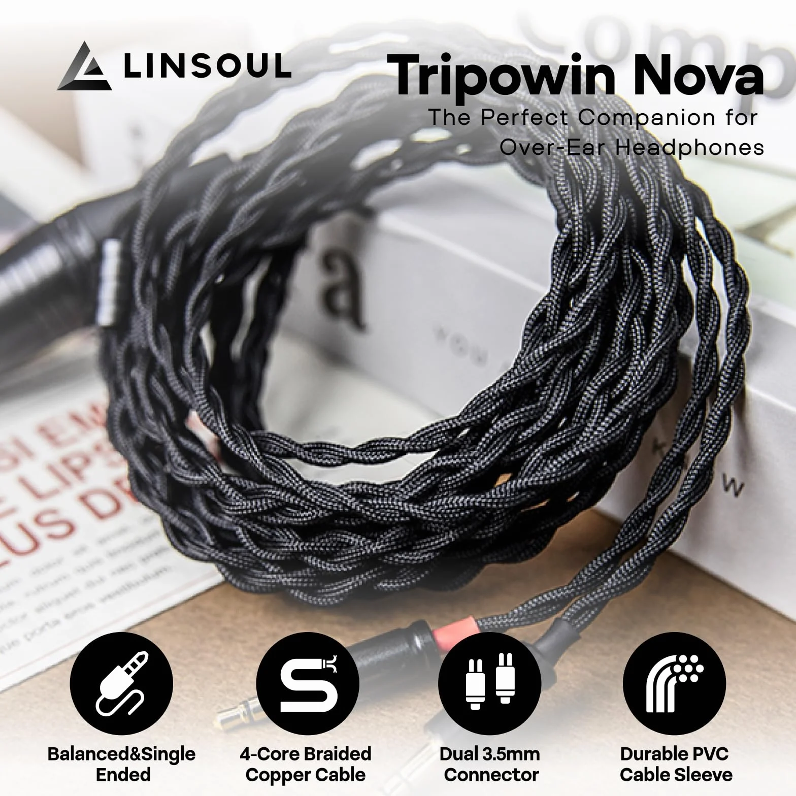 Linsoul Tripowin Nova Kabel do słuchawek do monitora, przewód do słuchawek nausznych, 4-żyłowy, srebrna folia/hybrydowy kabel OCC, 2 m, podwójny kabel 3,5 mm do 4,4 mm/3,5/XLR, dla audiofilów (3,5 mm