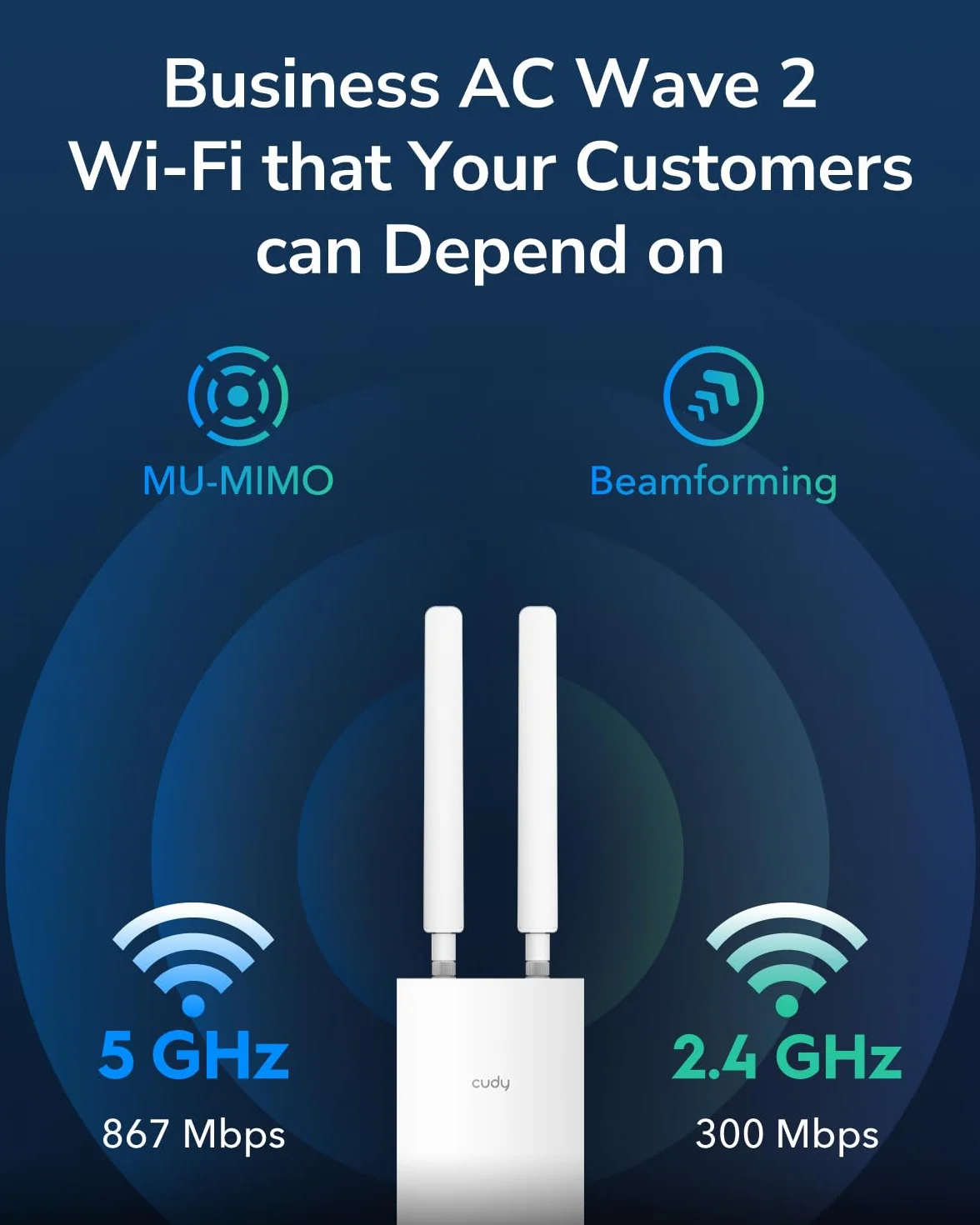 Cudy Zewnętrzny Punkt Dostępowy AC1200 Gigabit, Wzmacniacz WiFi, IP65, Gigabit RJ45, Beamforming, MU-MIMO, Adapter PoE w zestawie, AP1300 Outdoor