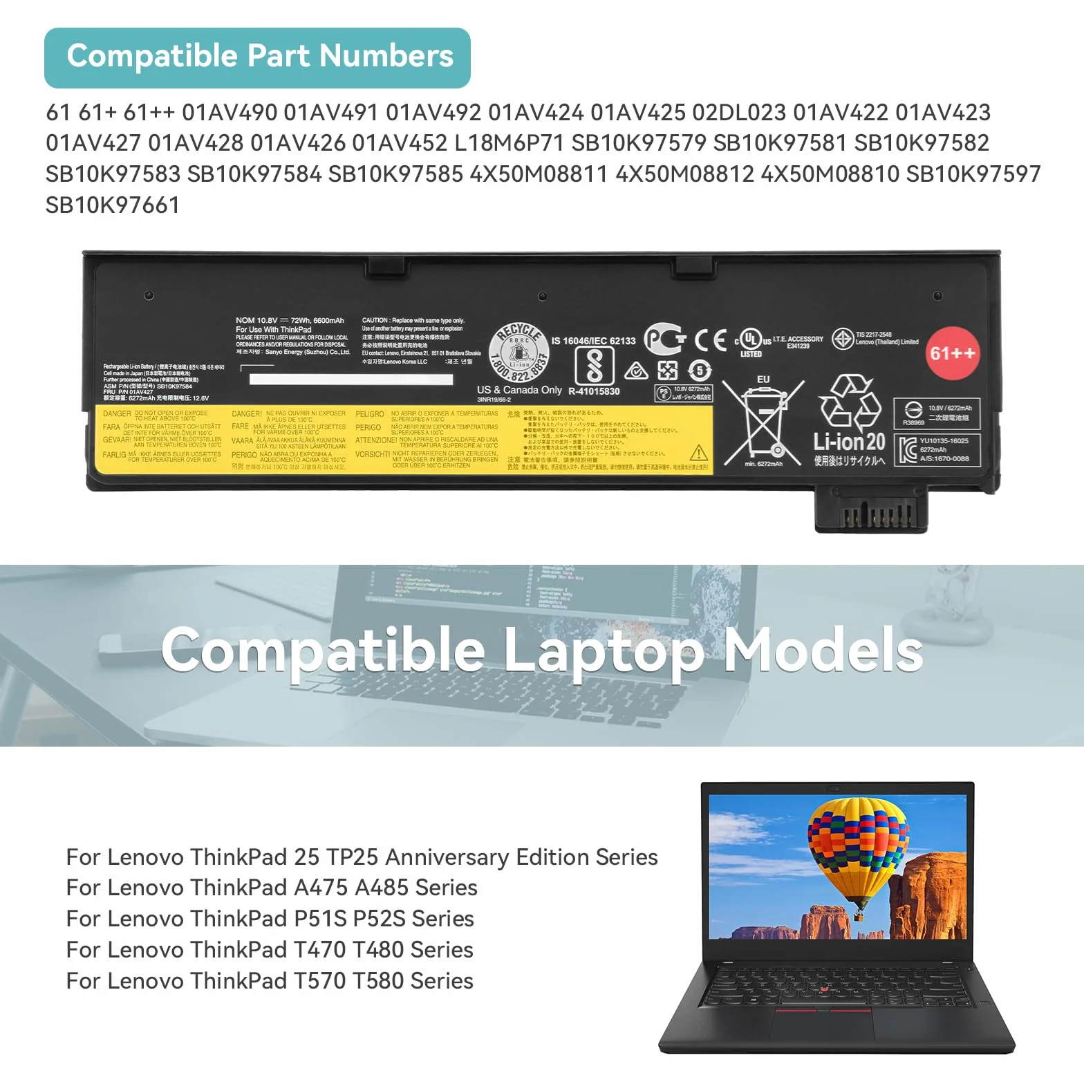 K KYUER Bateria do Lenovo ThinkPad T470 T480 T570 T580 72Wh 61++
