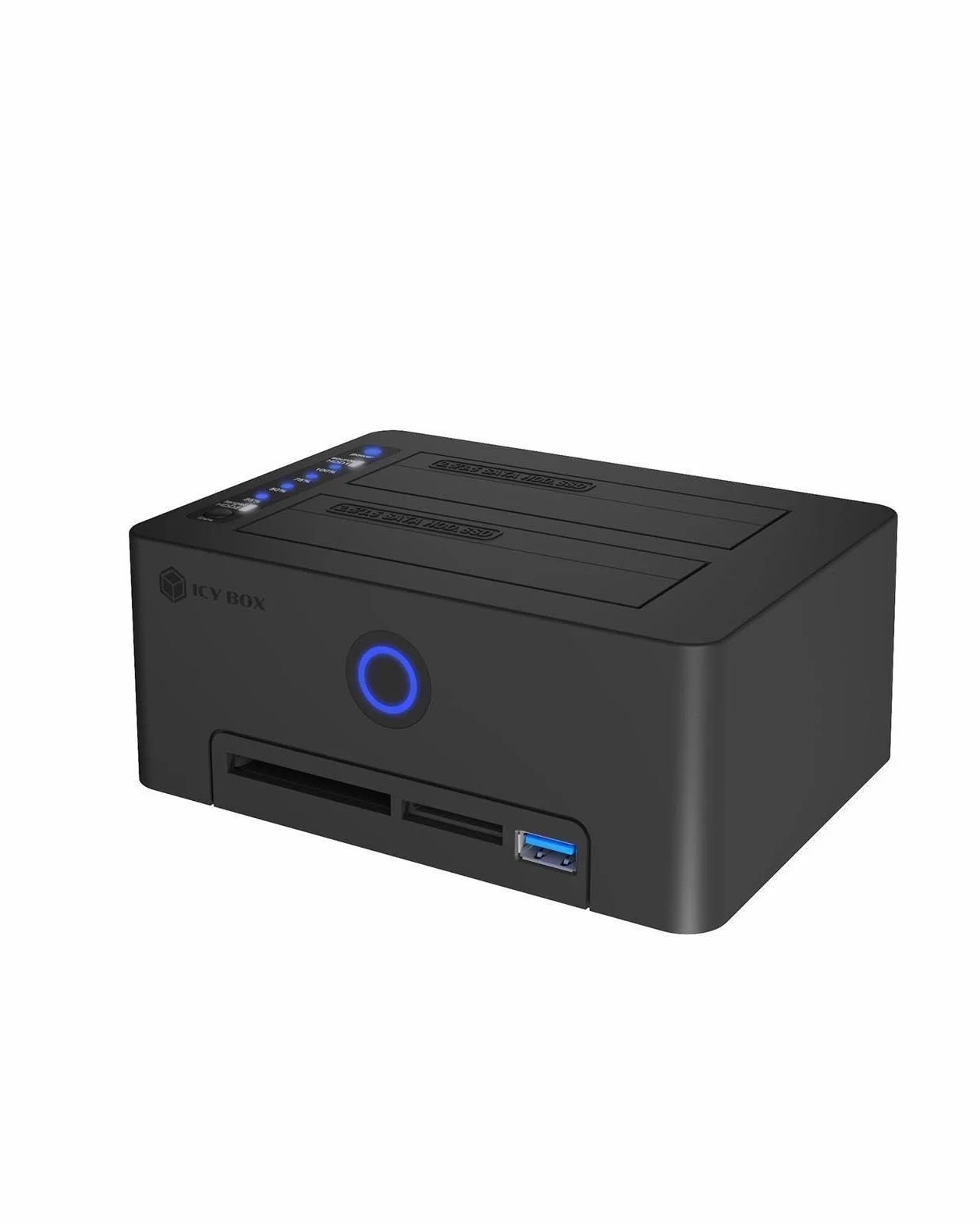 ICY BOX Stacja klonowana do 2,5"/3,5" SATA HDD/SSD, USB 3.0 (5 Gbit/s), klonowanie offline, czytnik kart (CF/SD), koncentrator USB, beznarzędziowy, zewnętrzny, Plug & Play, stacja dokująca, funkcja