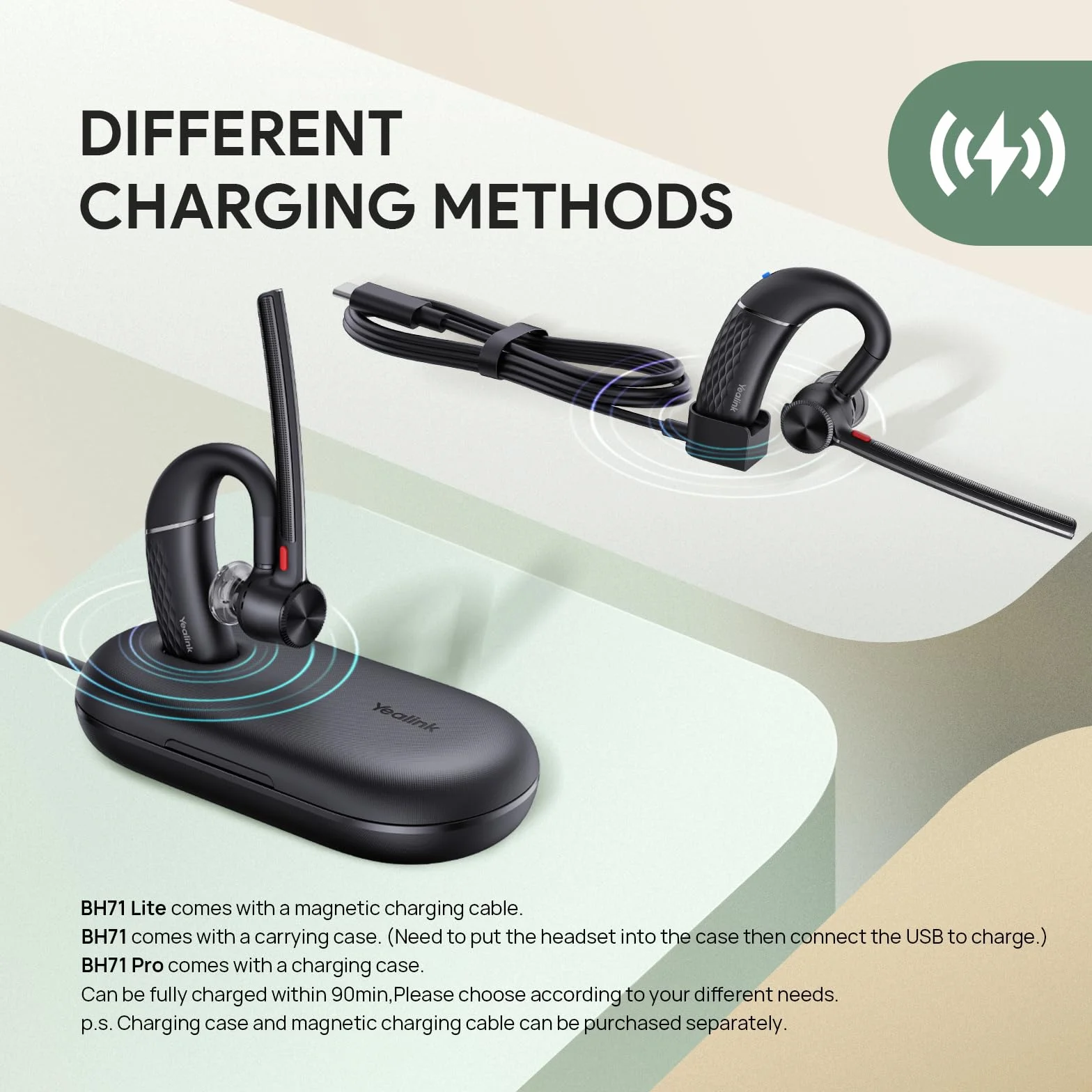 Yealink BH71 Lite Zestaw słuchawkowy Bluetooth, bezprzewodowe słuchawki z 4 mikrofonami z funkcją redukcji szumów, 10H czasu rozmowy, regulowany haczyk na ucho, słuchawki Bluetooth do telefonu
