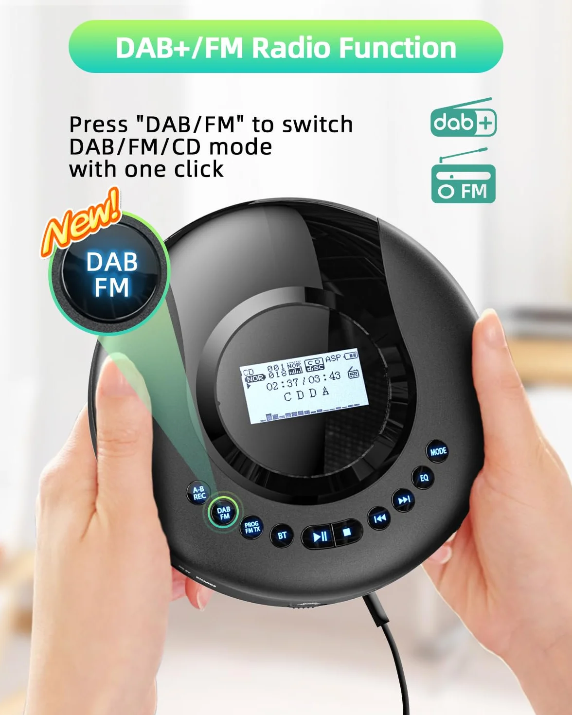 Arafuna Discman przenośny odtwarzacz CD, radio DAB+/FM, Bluetooth, wbudowana bateria 2000 mAh, czarny