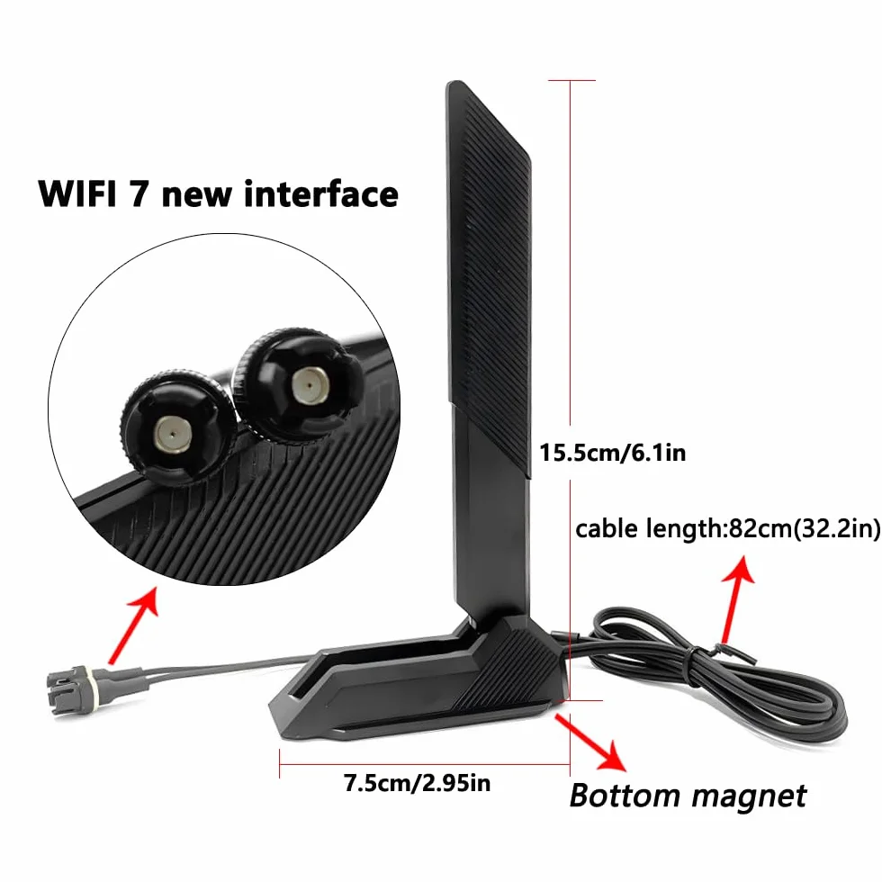 Gintai Antena WiFi 7 dla ASUS ROG Crosshair X870E/STRIX B850 B860 X870 Z790 Z890/ Maximus Z890 Z790 WLAN Amplifiers WiFi 7 Tri-Band 12dBi Bluetooth 5.4, podstawa magnetyczna (czarna)