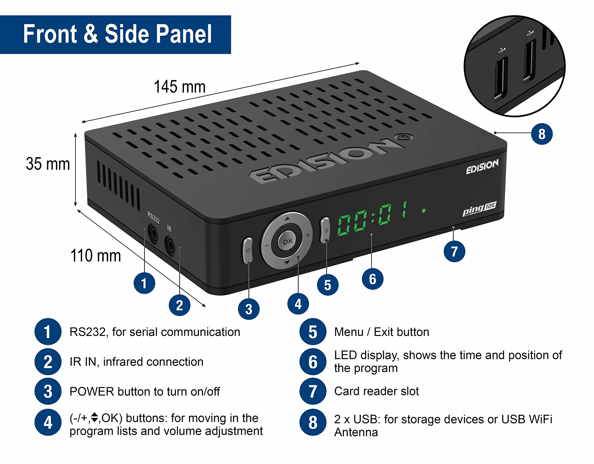 Dekoder dvb-t2 hevc EDISION PING T2/C naziemnej i kablowy Odbiornik, DVB-T2/C H.265, Czytnik kart, Full HD, PVR, 2x USB, HDMI, SCART, LAN, S/PDIF, RS232, IR, Obsługa USB WiFi, Uni. pilot 2w1, Czarny
