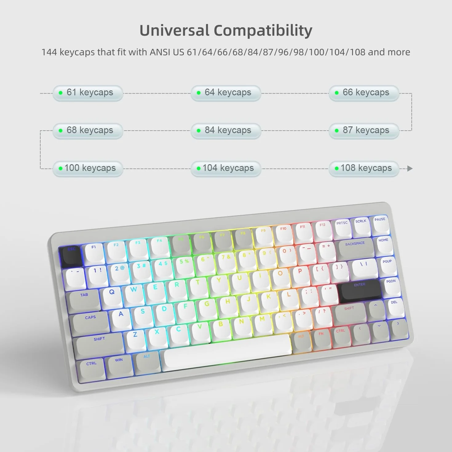 Low Profile Keycaps 143, PBT nakładki na klawisze Shine Through, klawisze do ANSI US 60% 65% 75% 80% 100% Cherry Gateron MX przełącznik klawiatura mechaniczna, szary/biały (ISO nieobsługiwany)