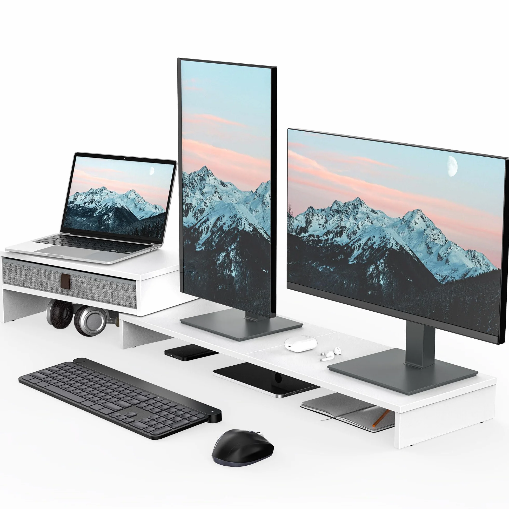 Fenge Podstawka pod dwa monitory z szufladą dla komputera PC, laptopa, drukarki, podnośnik do monitora, regulowana długość i kąt, 78,3-113x23,5x7,3 cm, biały