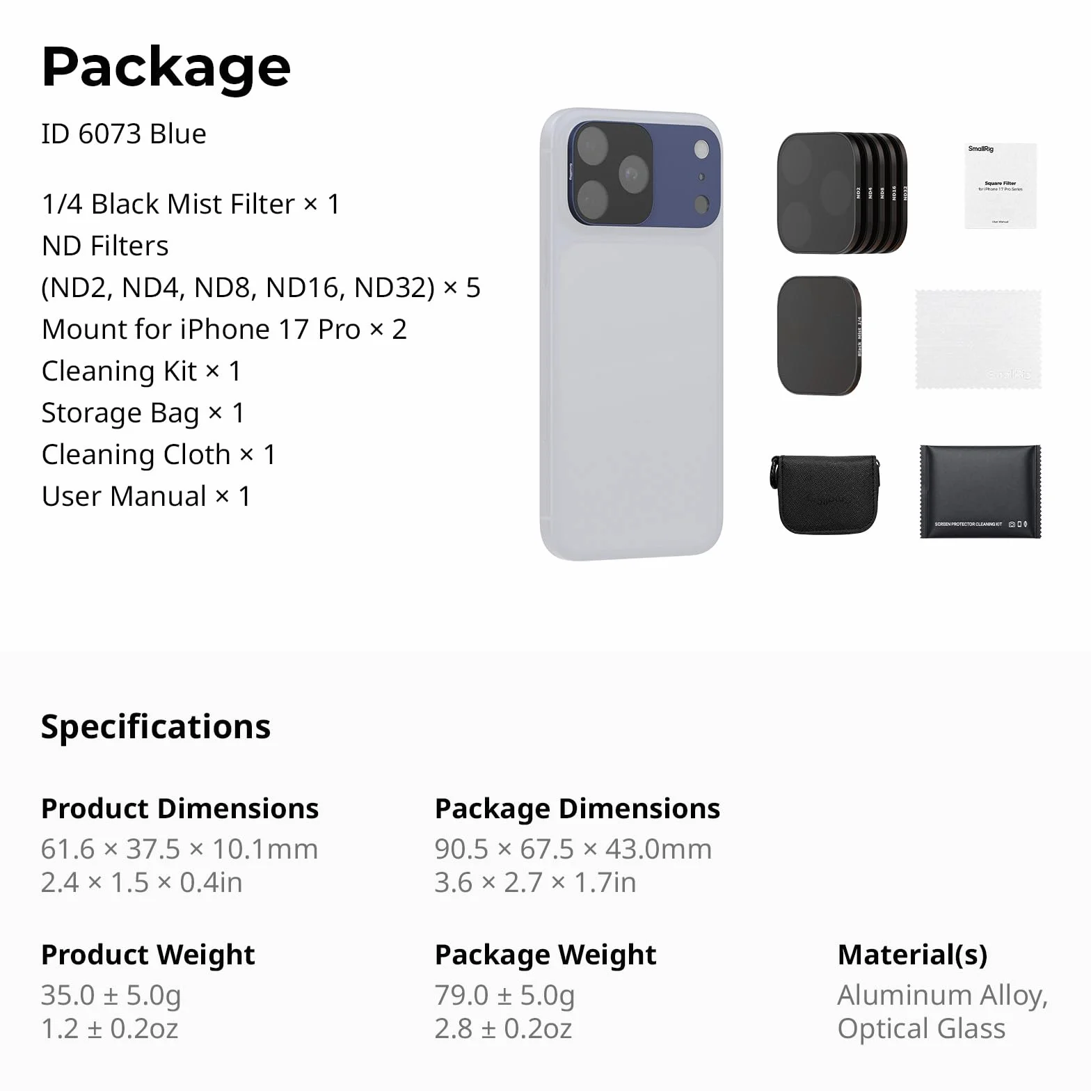 SmallRig Kwadratowy zestaw filtrów ND i czarnej mgły do iPhone'a 17 Pro (niebieski) 6073
