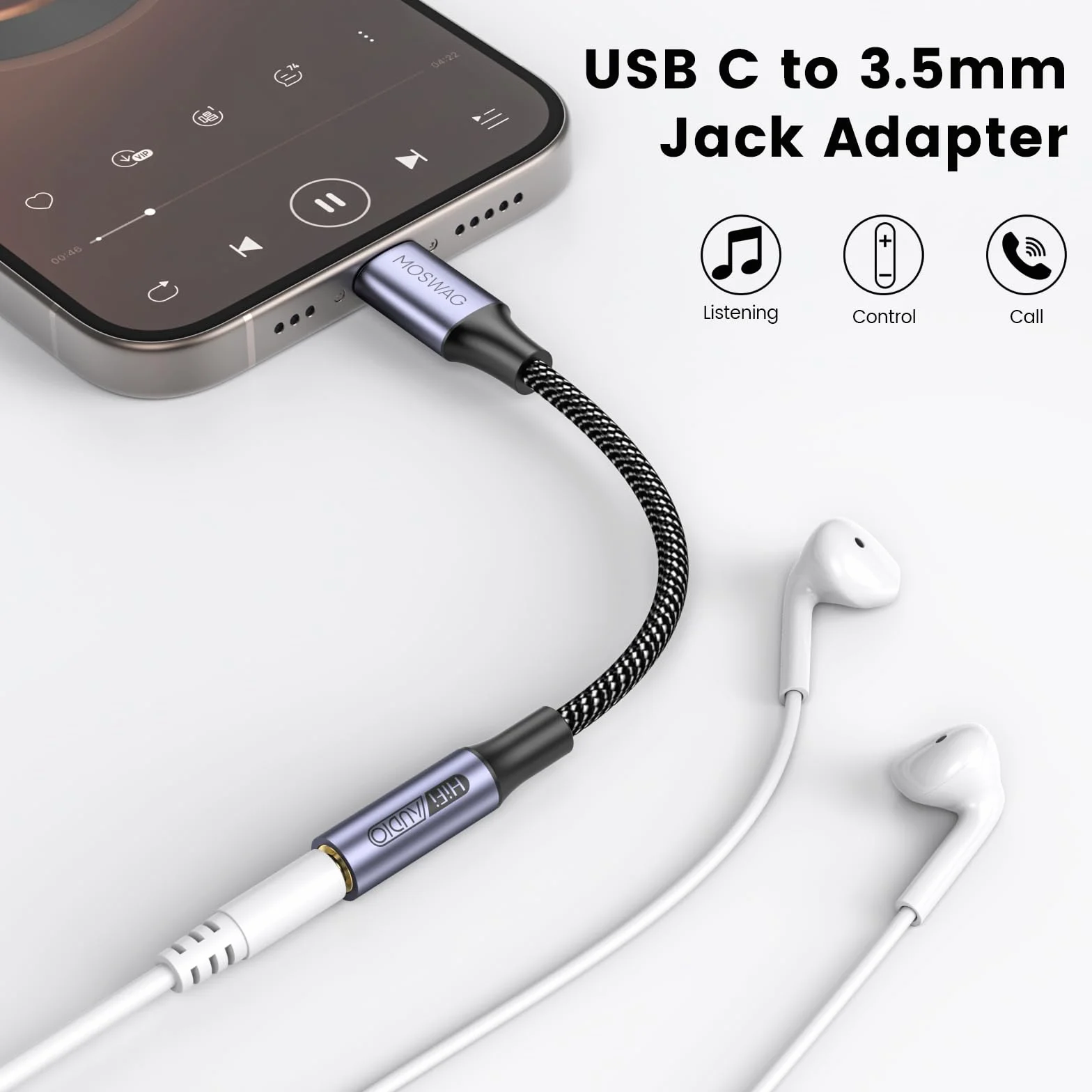 MOSWAG Adapter USB typu C na gniazdo słuchawkowe 3,5 mm, kabel USB C na Aux do iPhone'a 16 Pro Max/16 Pro/16 Plus/16/15 Pro/15, Samsung Galaxy S25, S24, S23, S22, S21, S20, Huawei, Pixel, iPad i