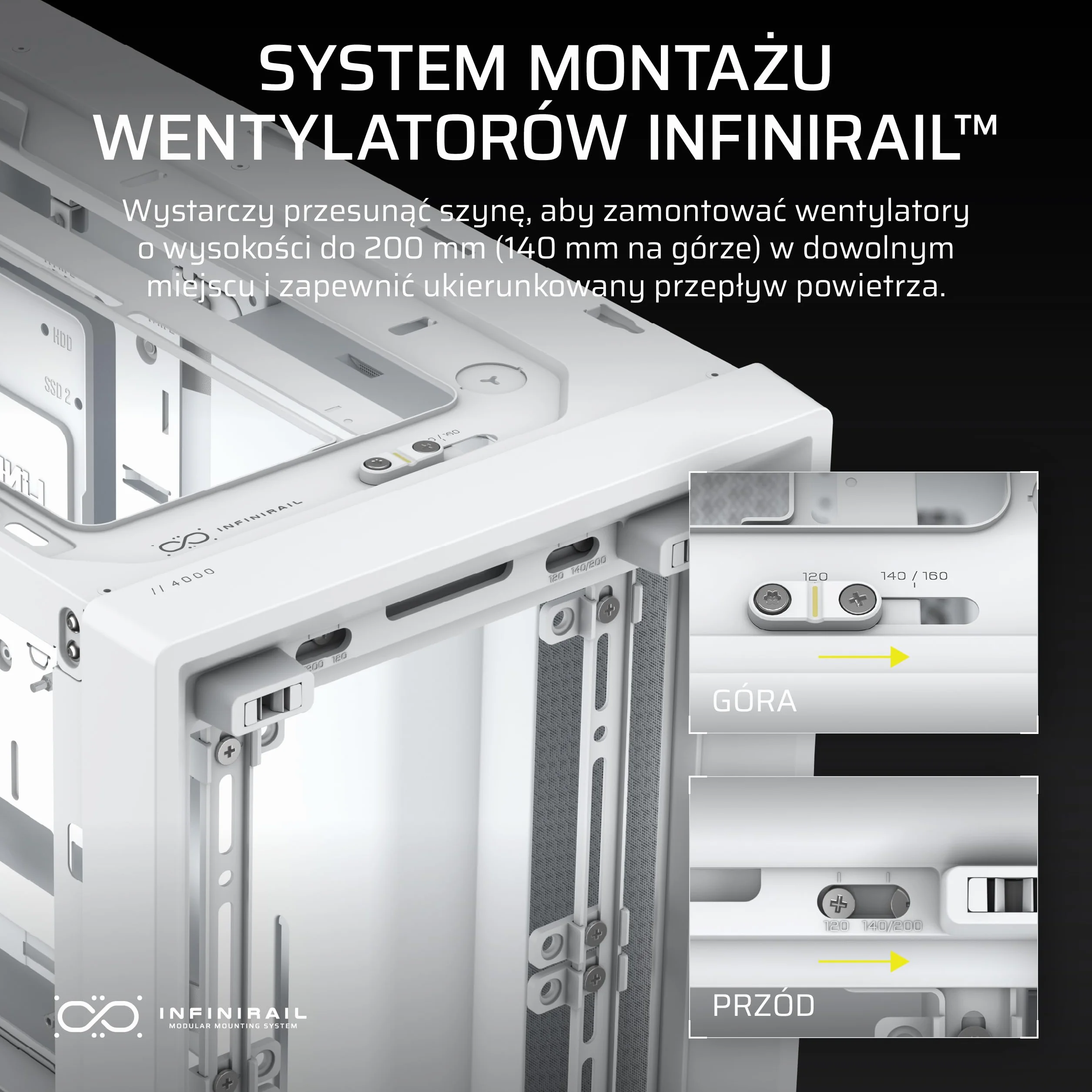 CORSAIR FRAME 4000D Modułowa Mid–Tower ATX Obudowa Komputerowa – Wysoki Przepływ Powietrza, System Montażu Wentylatorów InfiniRail™, Obsługa Dwóch Chłodnic 360mm – Biały