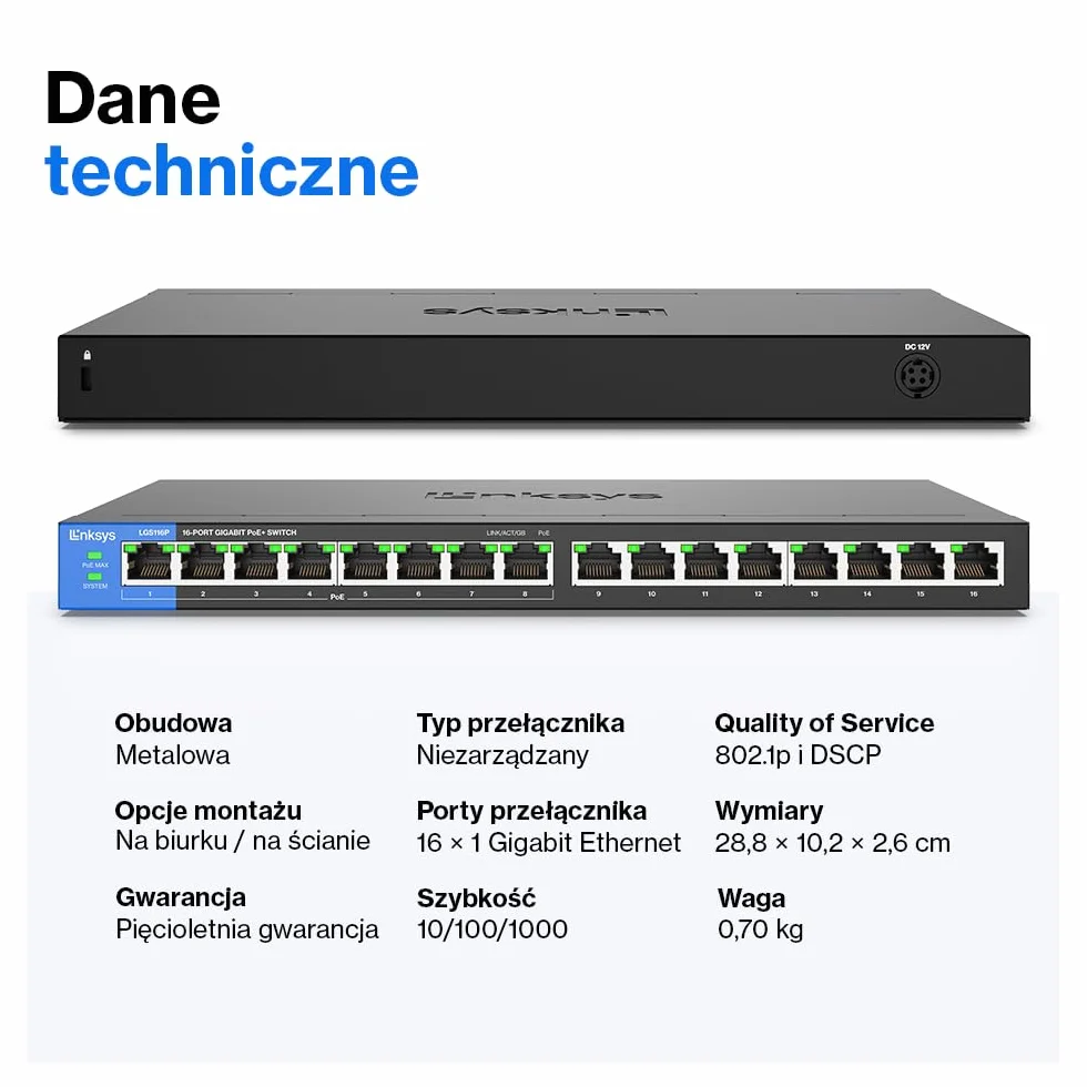 Linksys LGS116-EU 16-portowy gigabitowy niezarządzalny przełącznik sieciowy Ethernet, metalowa obudowa, Plug & Play