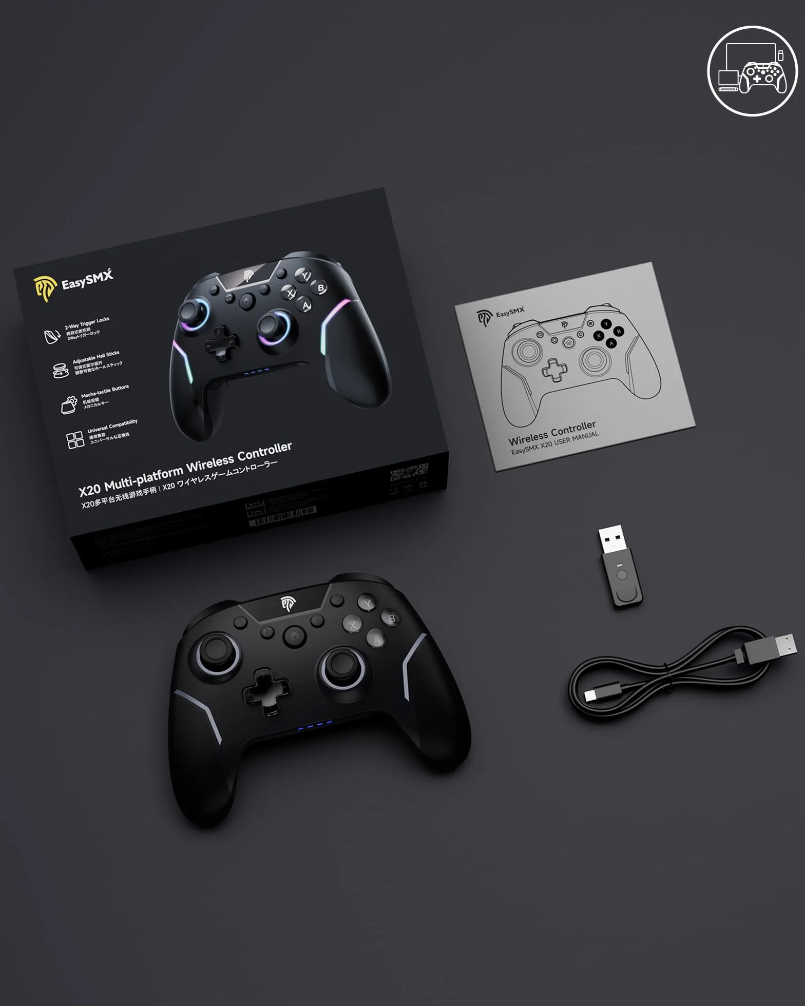 EasySMX X20 bezprzewodowy kontroler PC z RGB, Trigger Hall 2 w 1, zdejmowany joystick hall, mechaniczne przyciski - akumulator 1000 mAh, kompatybilny z komputerem / przełącznikiem/telefonem komórkowym