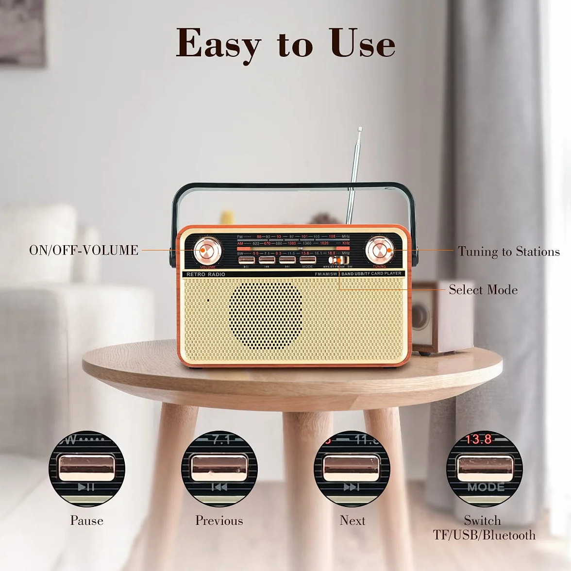 Radio retro AM/SW/FM przenośne Bluetooth USB TF AUX wbudowany głośnik brązowy