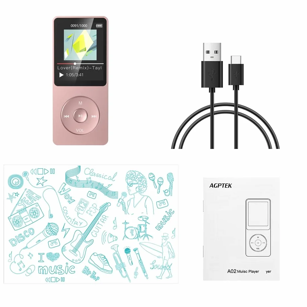 AGPTEK Klasyczny Mp3 8GB odtwarzacz MP3 1,8 cala 70 godzin baterii różowy