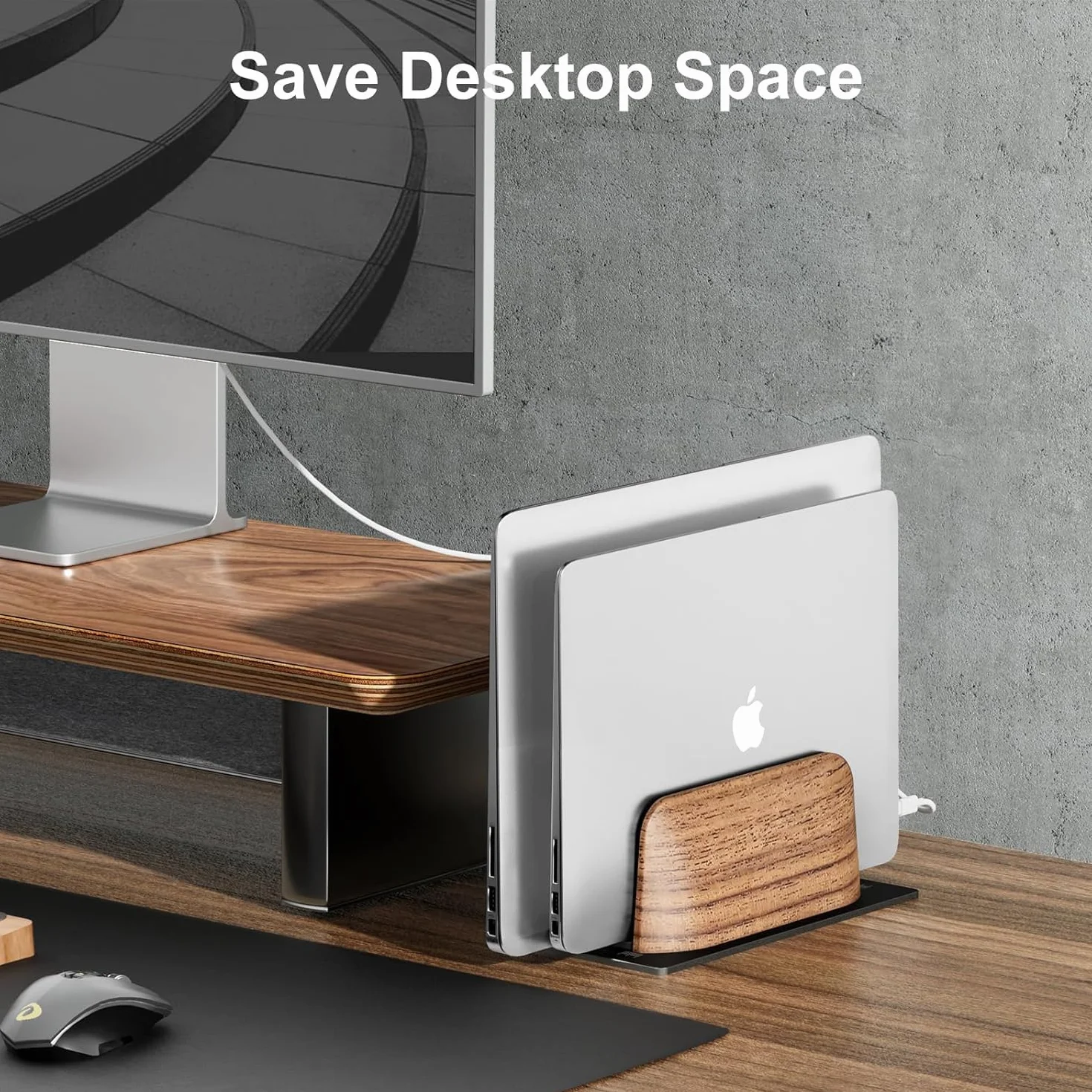 Pionowa podstawka pod laptopa, podwójny uchwyt na laptopa z drewna orzechowego na biurko, naturalny drewniany i aluminiowy dok z regulacją szerokości