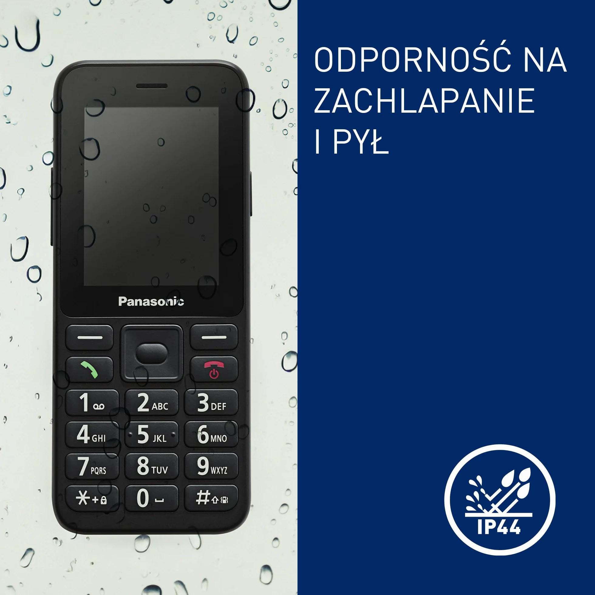 Panasonic KX-TU260EXB Telefon komórkowy 4G duże przyciski IP44 USB C czas rozmowy 7,5h ekran 2,4 cala czarny