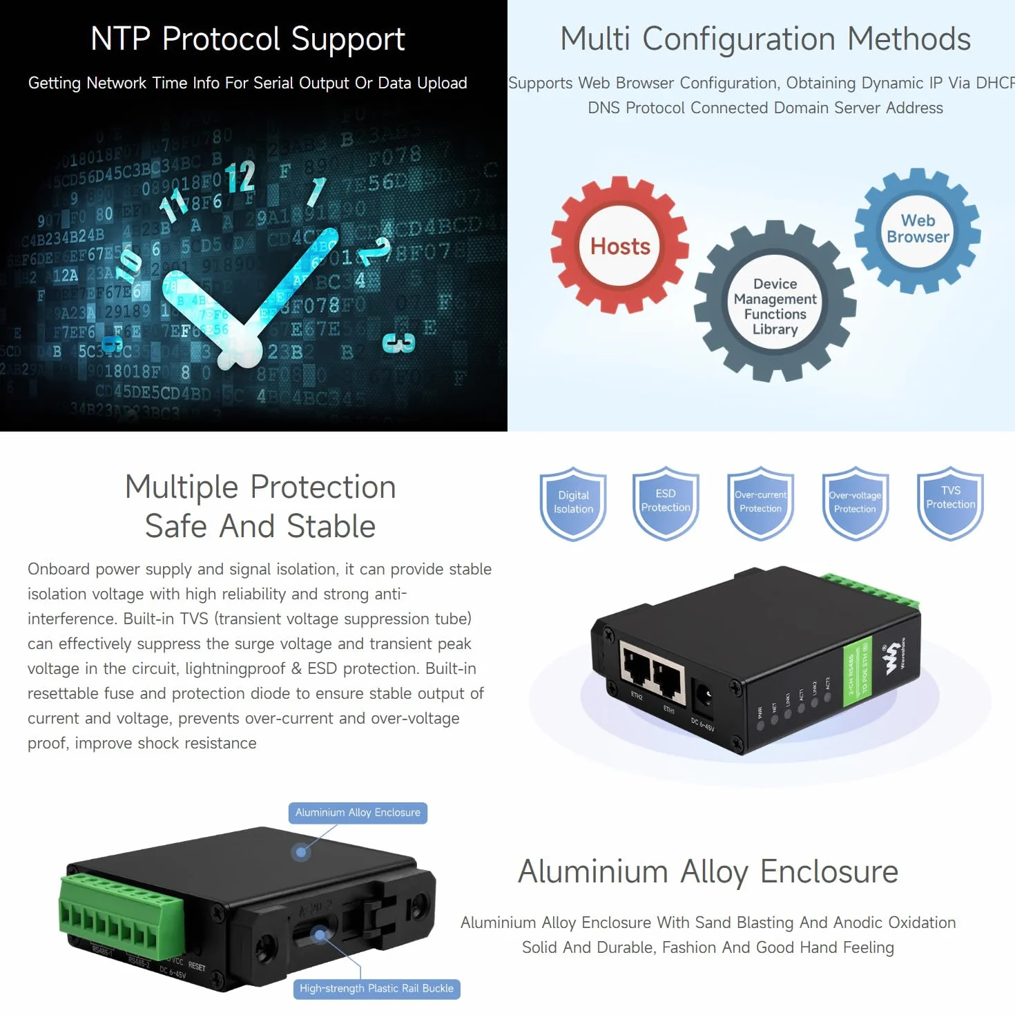 Waveshare 2-Ch RS485 To POE Ethernet Serial Server, 2-Channel RS485 Independent Operation, 2x POE Ethernet Port, Rail-Mount Industrial Isolated Serial Module, Bidirectional Transparent Transmission