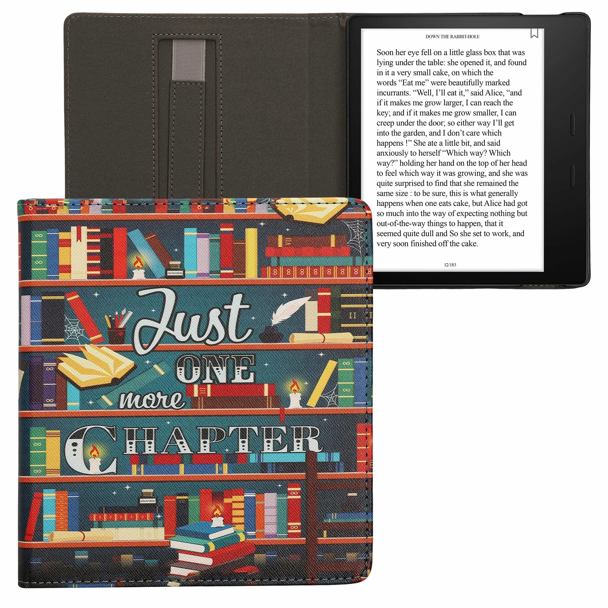 kwmobile Etui kompatybilne z Amazon Kindle Oasis 10. generacji - etui PU pokrowiec z paskiem - biblioteka Motto wielokolorowe