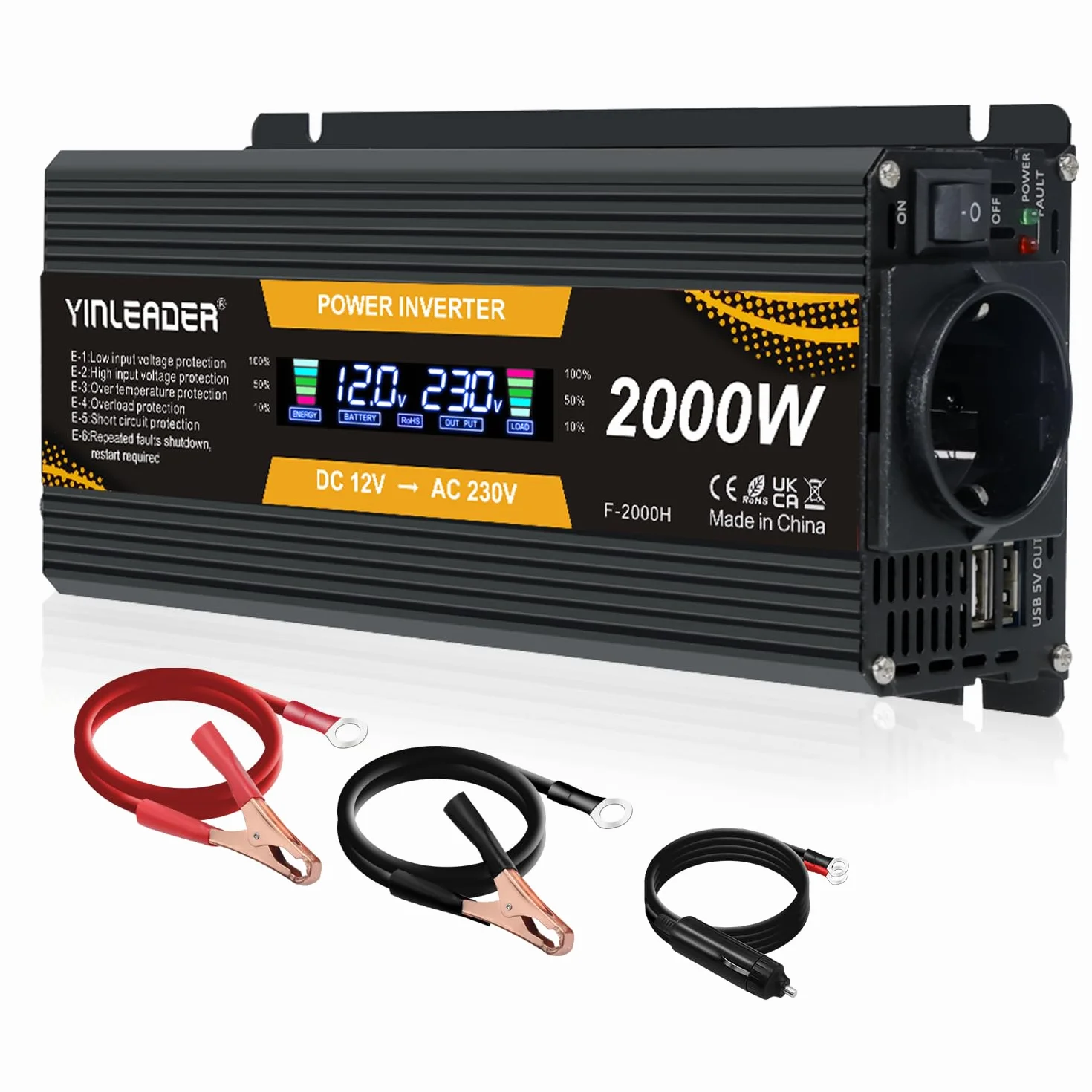 Yinleader Falownik 12 V 230 V 1000 W /2000 W przetwornica napięcia LCD z 2 USB -czarny