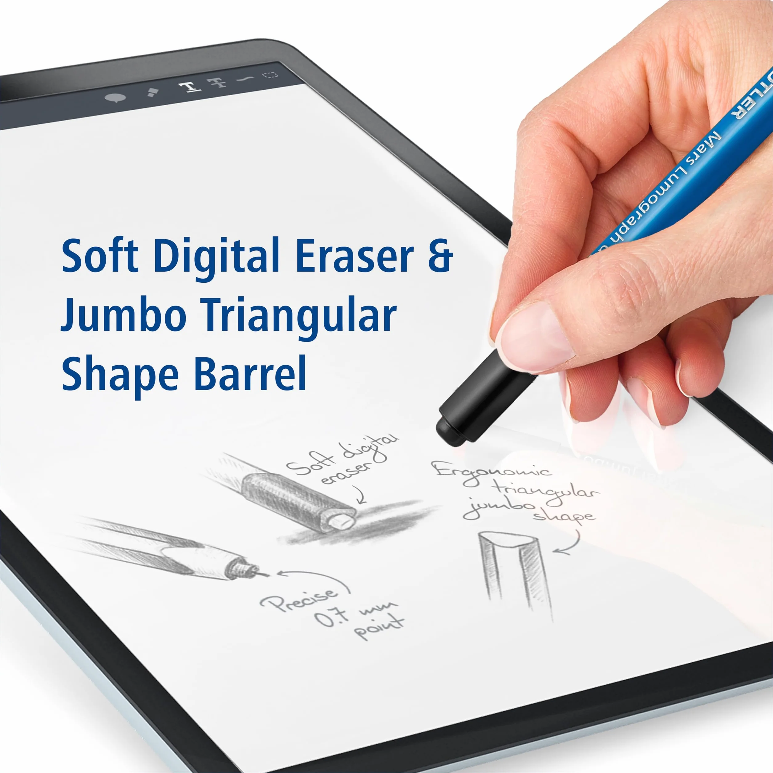 Staedtler Mars digital Jumbo 180J 22. EMR Stylus z miękką cyfrową gumką. Rysik do cyfrowego pisania, rysowania i mazania na ekranach dotykowych EMR (4096 poziomów ciśnienia, końcówka 0,7 mm)