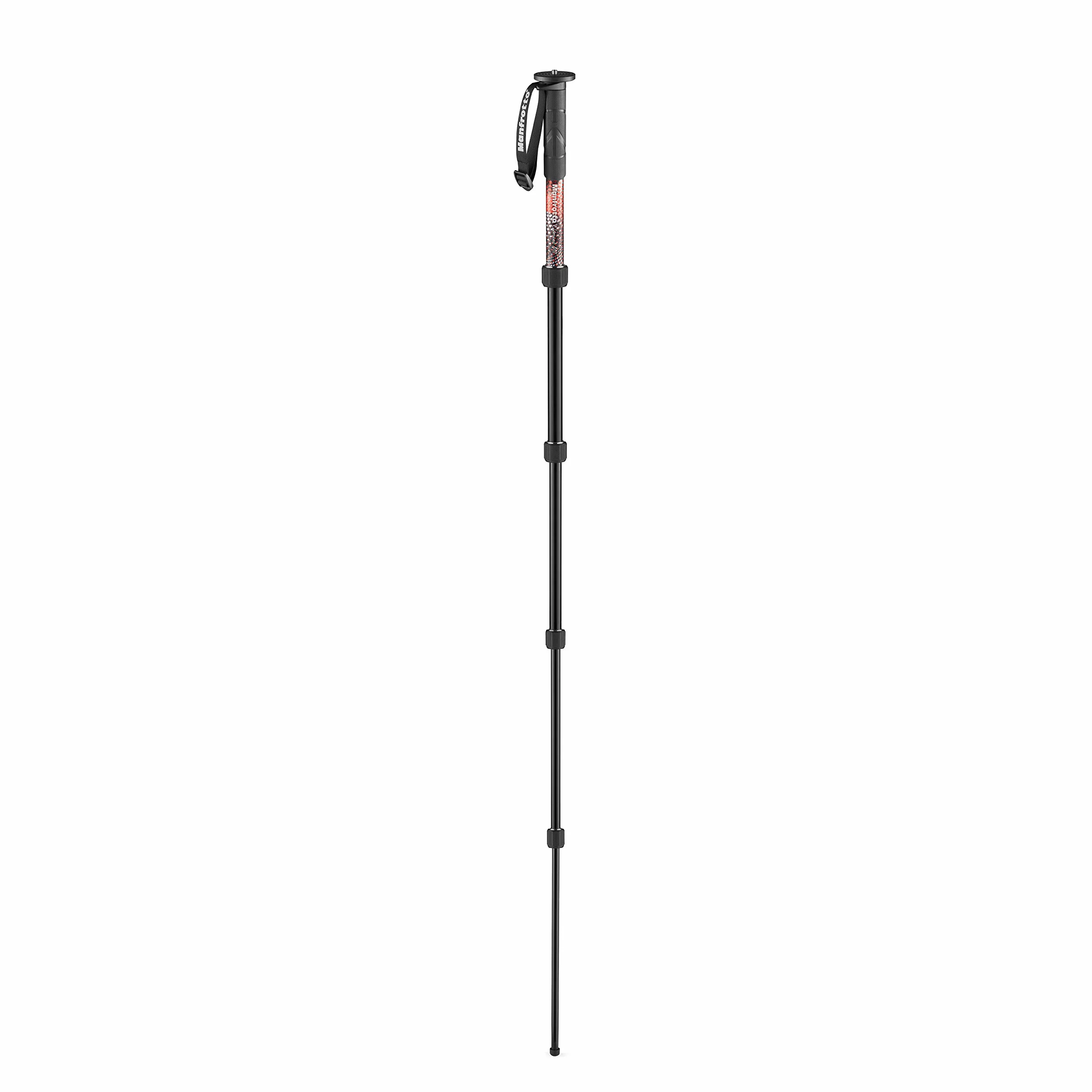 Manfrotto Element MII MMELMIIA5RD, lekki 5-częściowy aluminiowy monopod do kamery podróżnej, czerwony, z paskiem na nadgarstek, gumowy uchwyt, zamki obrotowe, obciążenie 16 kg, do aparatów