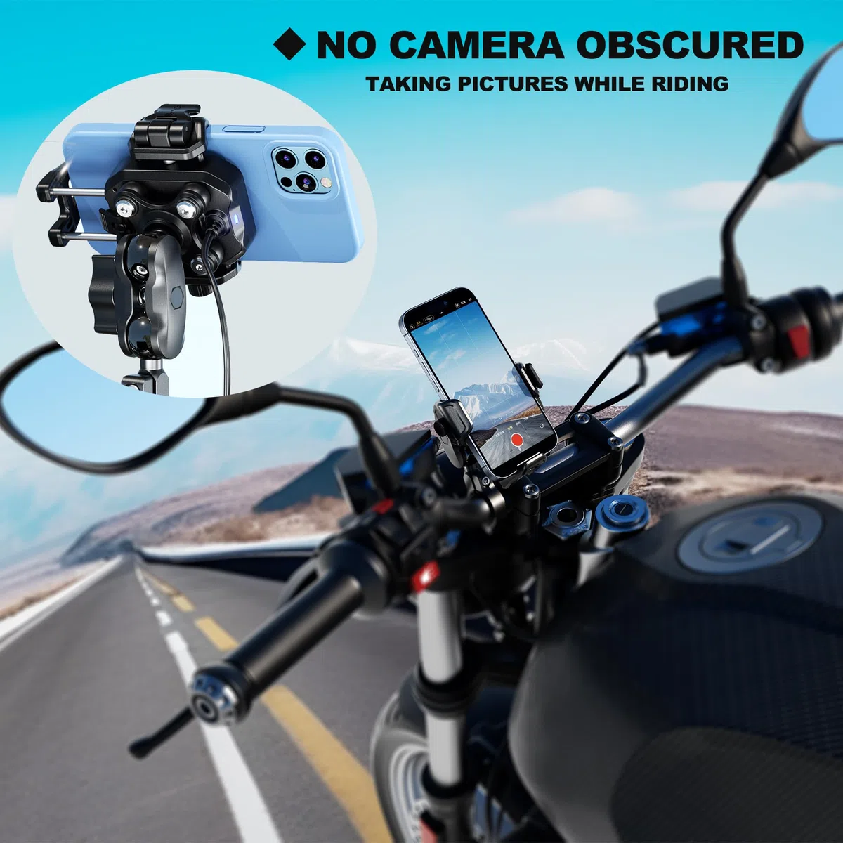 iMESTOU Motocyklowy bezprzewodowy uchwyt na telefon USB C, antywibracyjny, antykradzieżowy, kulkowy uchwyt Qi, pasuje do telefonów o grubości do 15 mm, pasuje do kierownic 22-32 mm, pasuje do pojazdów