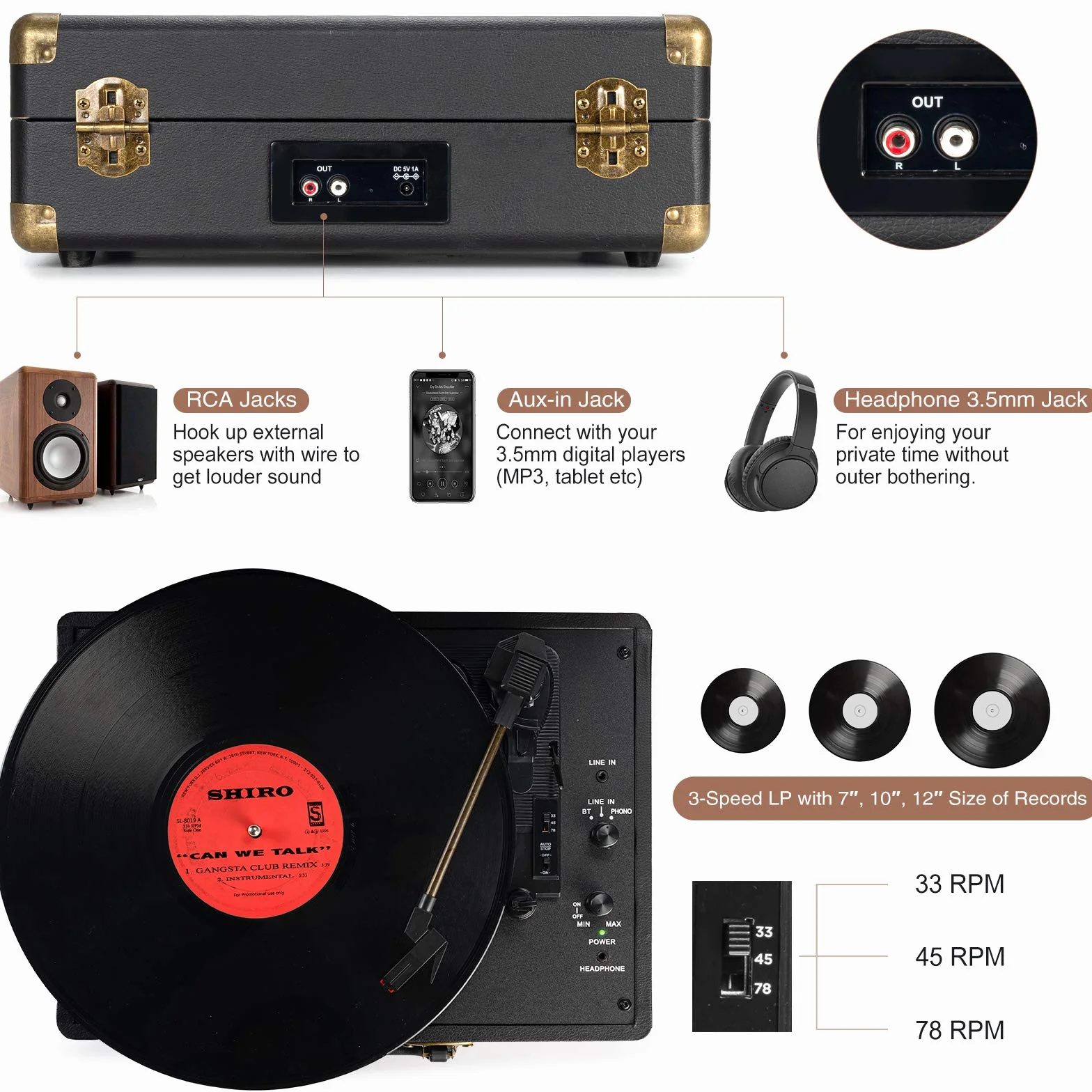 Płyta winylowa 3-biegowa 33/45/78 TR/min Bluetooth przenośna walizka z paskiem z wbudowanymi głośnikami wyjścia liniowego RCA Vintage Turntable
