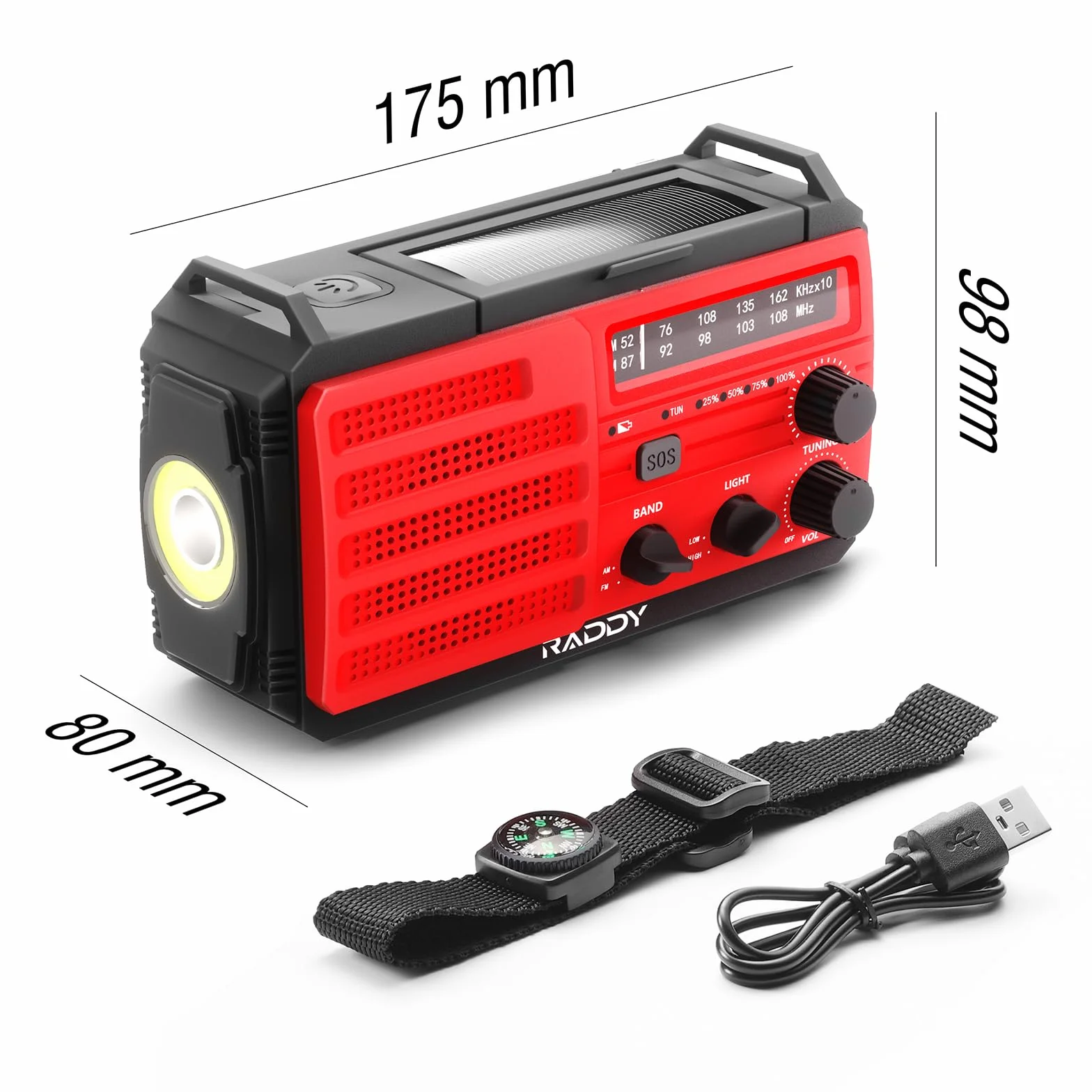 [10000 mAh] Raddy SW10 Radio awaryjne, korbka słoneczna, radio AM FM z akumulatorem ładowanym przez panel słoneczny, latarka, alarm SOS i kompas obozowania i w przypadku huraganu na zewnątrz