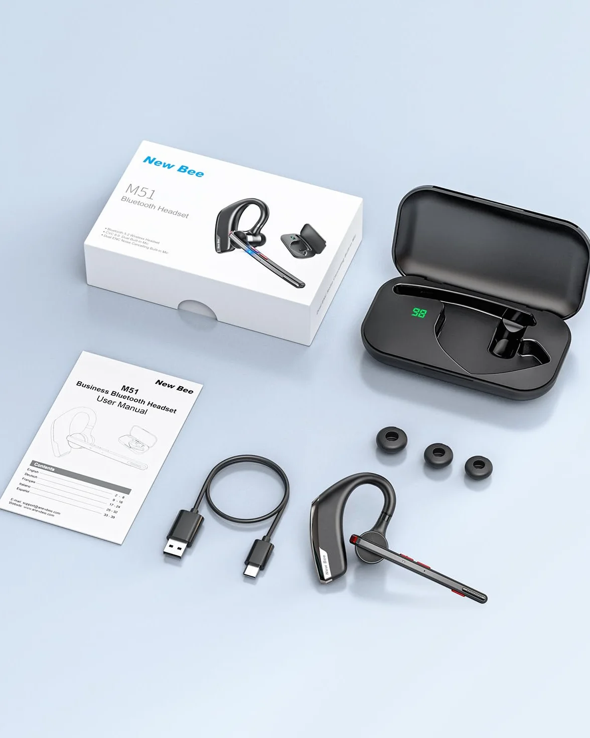 New Bee Zestaw głośnomówiący V5.2 Bluetooth Bezprzewodowy zestaw słuchawkowy z mikrofonem podwójna redukcja szumów Ultralekki dla iOS Android