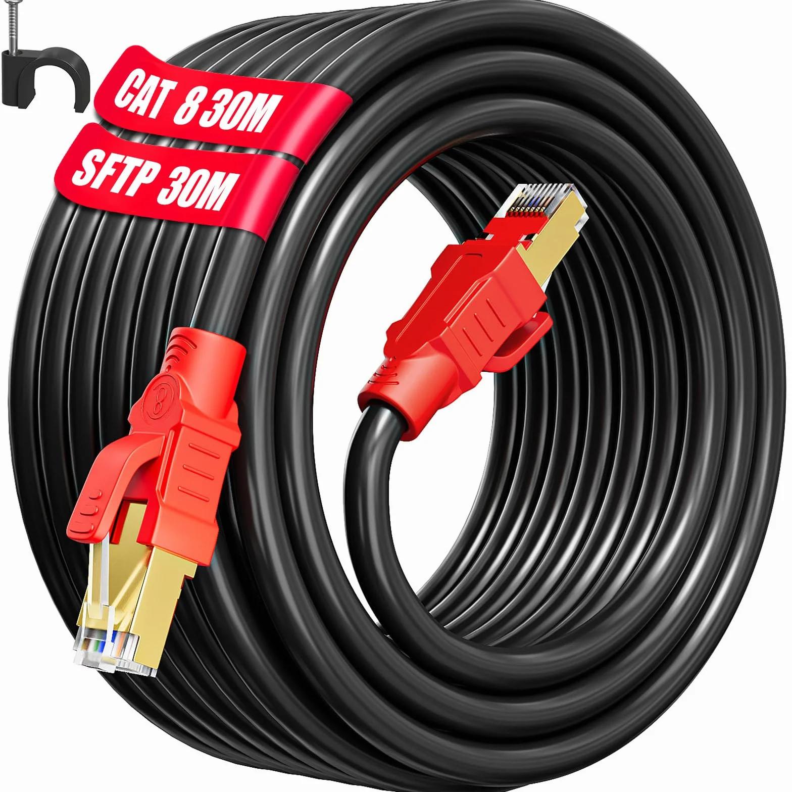 Kabel Ethernet 30m, Cat 8 Kabel Sieciowy 30 Metrów Szybki Ekranowany SFTP Kabel Internetowy POE Czarny Kabel RJ45 Gigabit LAN 40Gb/s 2000MHz, kompatybilny z routerem, przełącznikiem (30 klipsów)