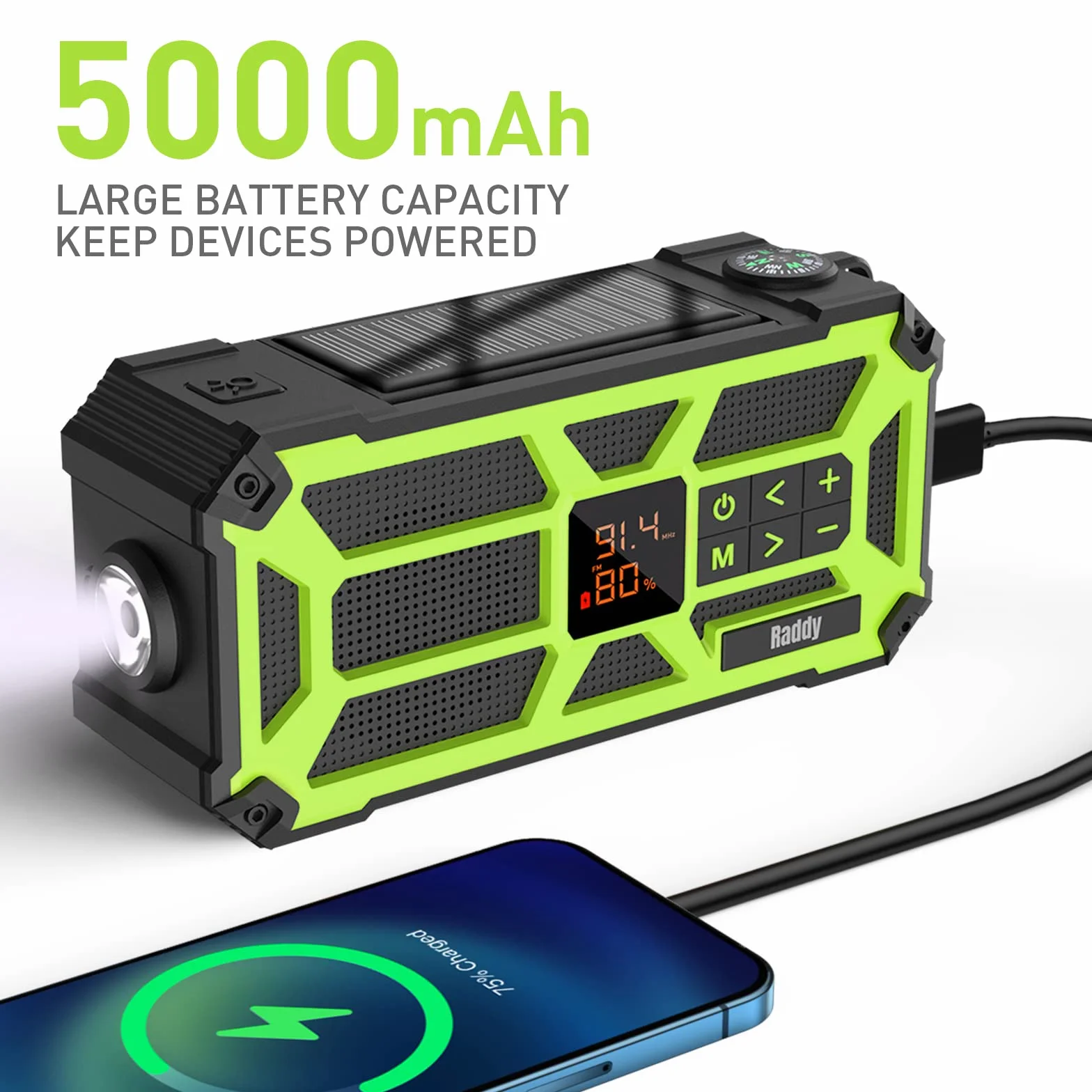 Raddy SW5 Przenośne radio solarne AM/FM IPX5 5000 mAh z korbą i latarką