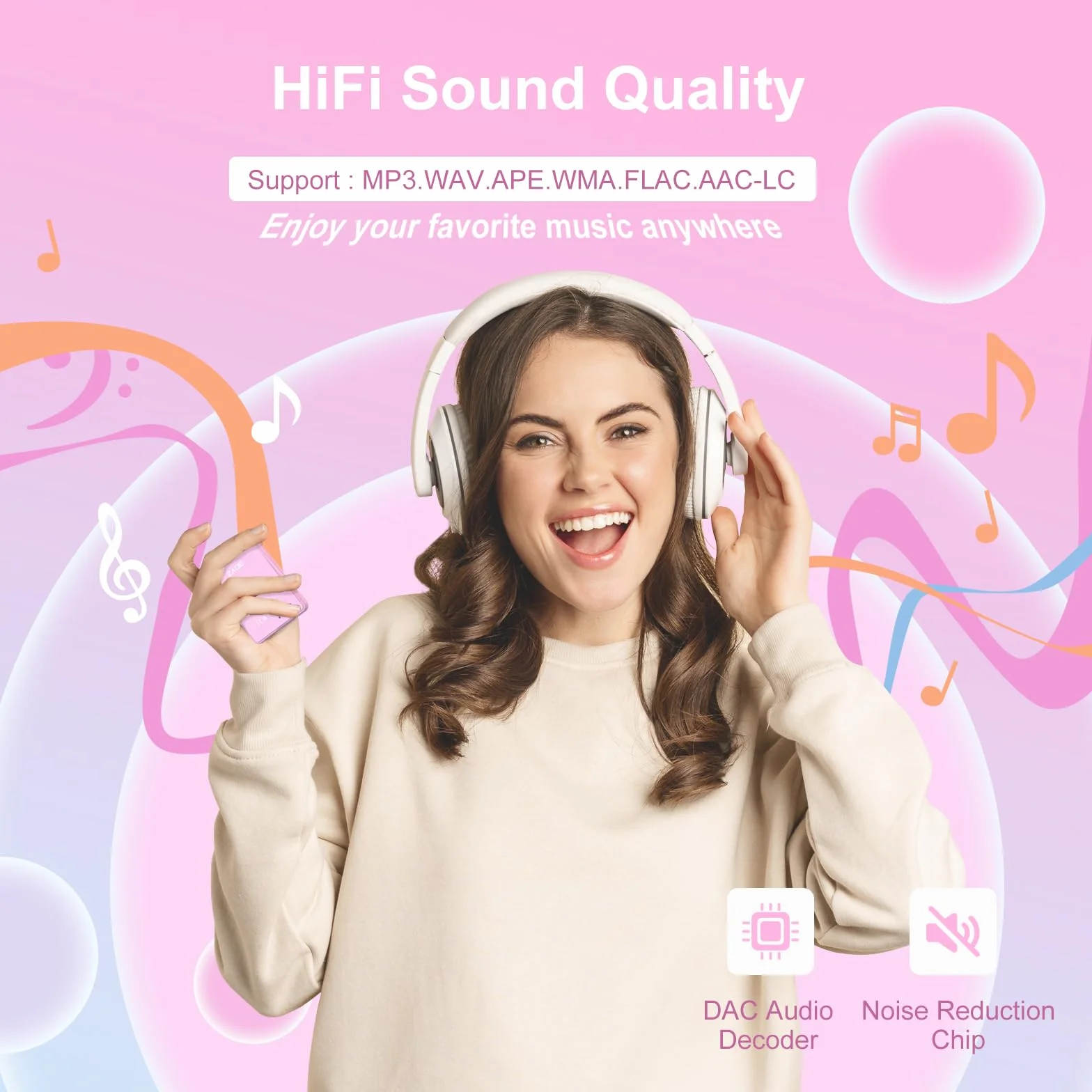 Odtwarzacz MP3 64 GB Bluetooth 5.3 2,4-calowy ekran dotykowy przenośny HiFi odtwarzacz muzyczny z głośnikiem Radio FM różowy