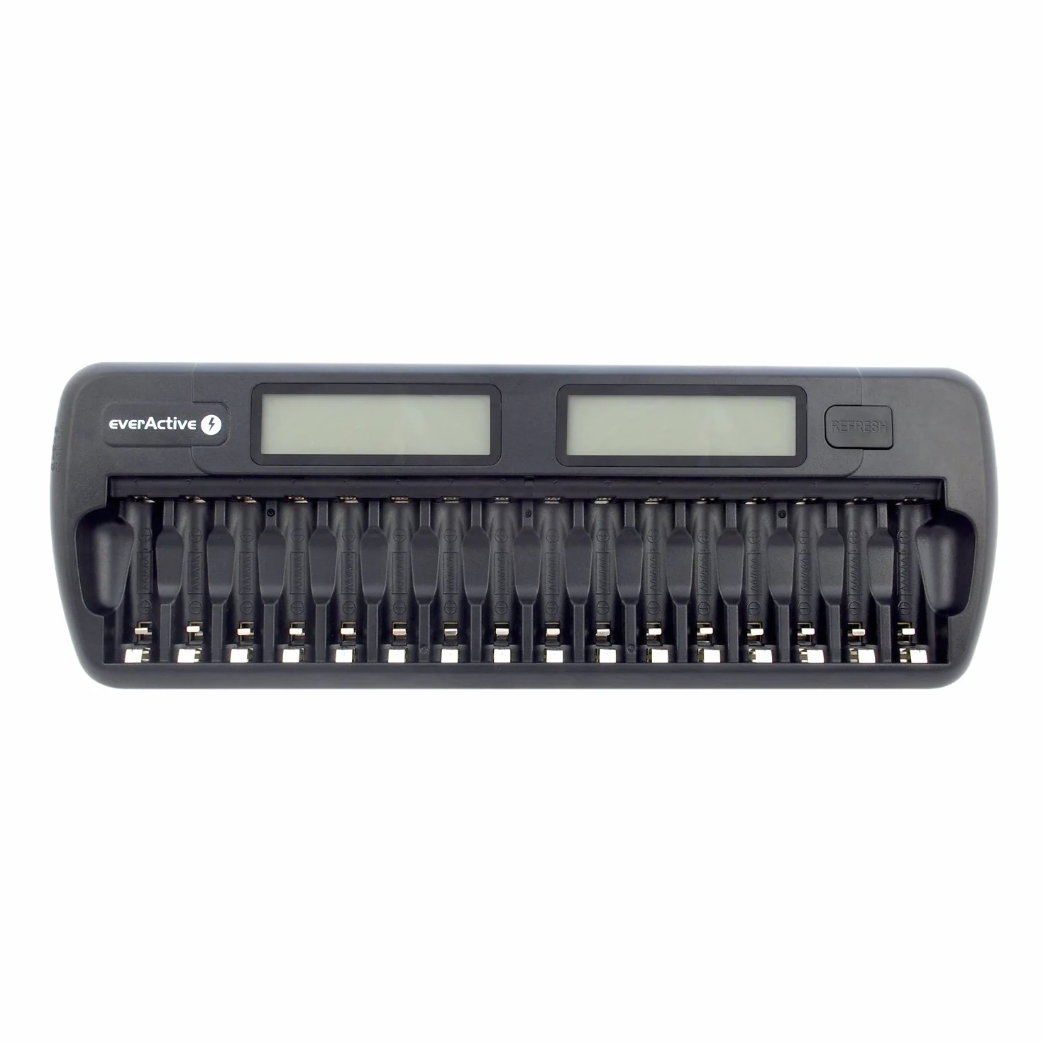 everActive Ładowarka do 16 akumulatorów AAA AA, szybkie ładowanie – 4 godziny zestaw akumulatorów, wyświetlacz LCD, tryb odświeżania, adapter samochodowy, model: NC-1600