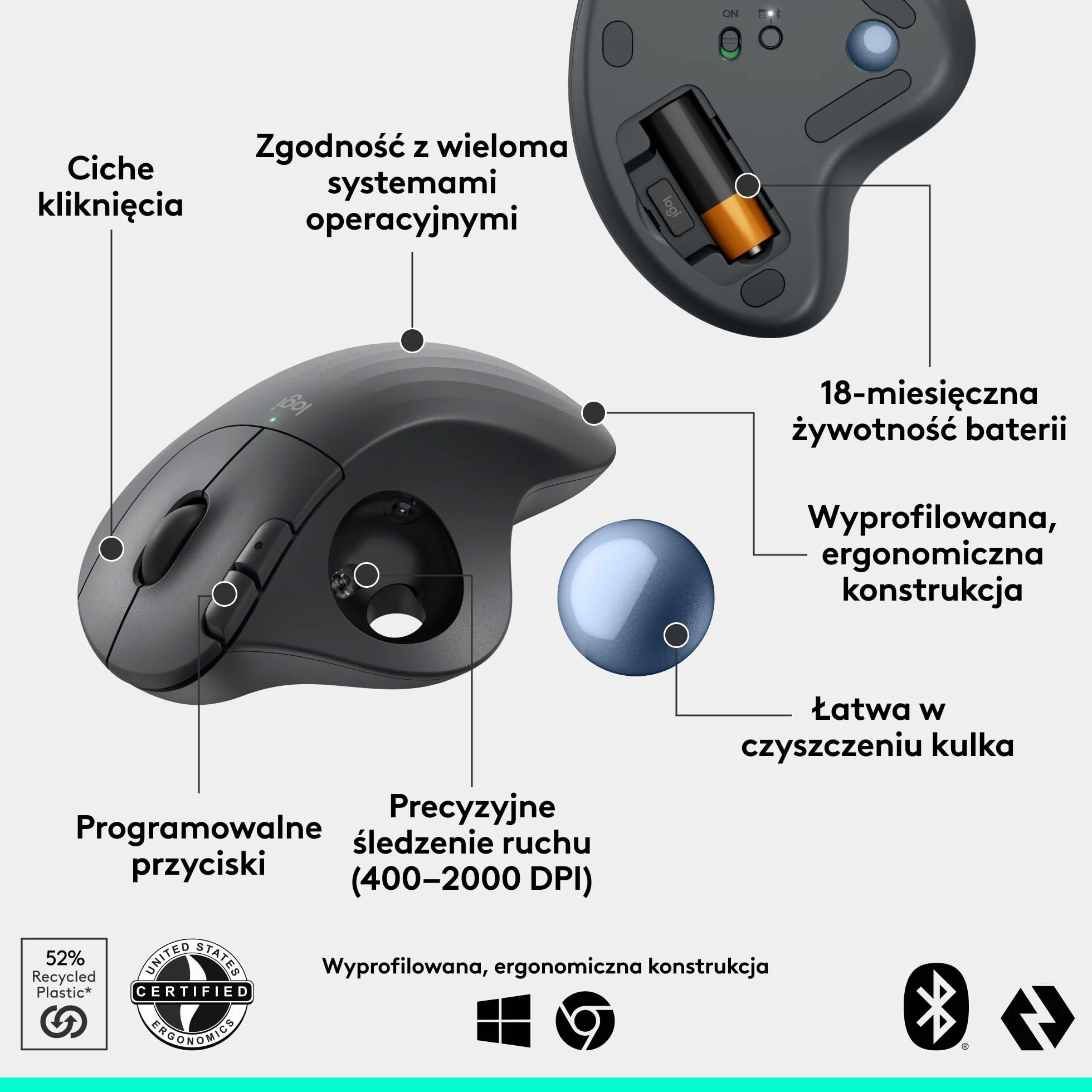 Logitech ERGO M575S bezprzewodowa mysz z trackballem ergonomiczna Bluetooth Grafit
