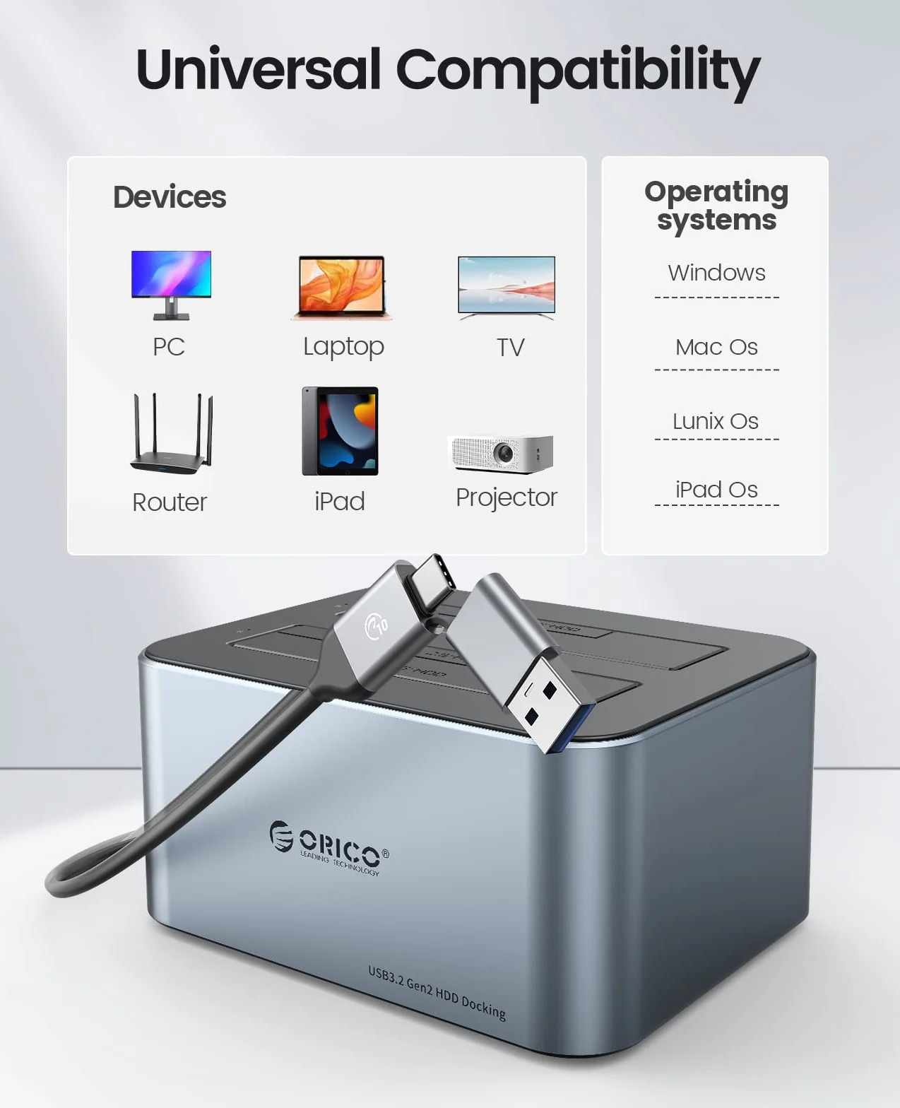 ORICO Aluminiowa stacja dokująca z podwójnym dyskiem twardym, USB 3.2 Gen 2 do SATA 2,5/3,5 cala SSD/HDD, 2 kieszenie, zasilacz 12 V 3 A, obsługuje 2 x 18 TB, bez użycia narzędzi (6626C3)
