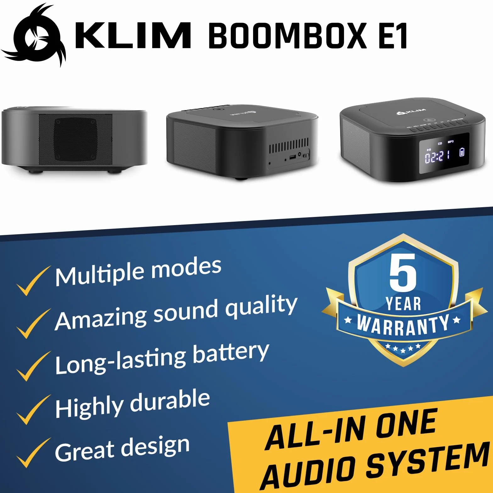 KLIM Odtwarzacz CD Boombox E1 + BASS Boost z subwooferem + radio FM z odtwarzaczem CD i USB, Bluetooth, AUX + stereo domowy + przewodowy lub bezprzewodowy + akumulator, pilot zdalnego sterowania
