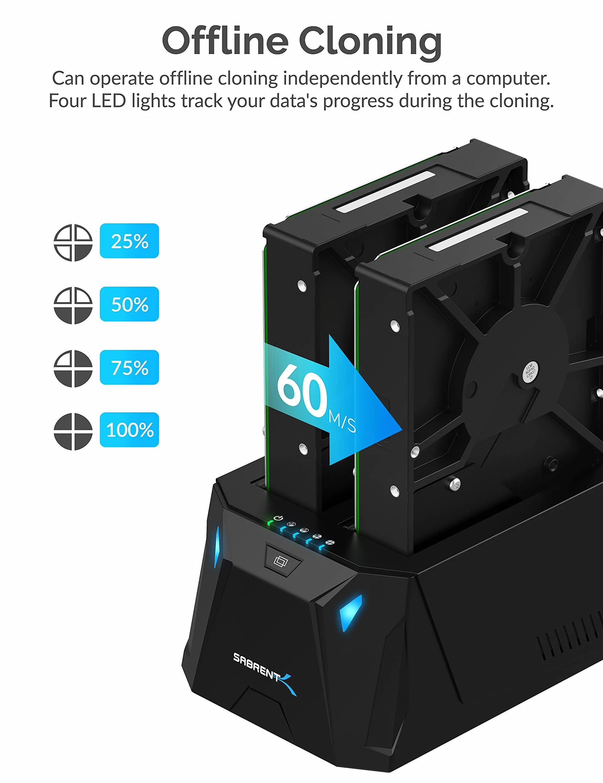 SABRENT Stacja dokująca do dysku twardego USB C SATA 2,5"/3,5", 2 kieszenie na dysk SSD/HDD na USB 3.2, zewnętrzna obudowa na dysk twardy, klonowanie offlinowe, UASP, kabel USB w zestawie, z
