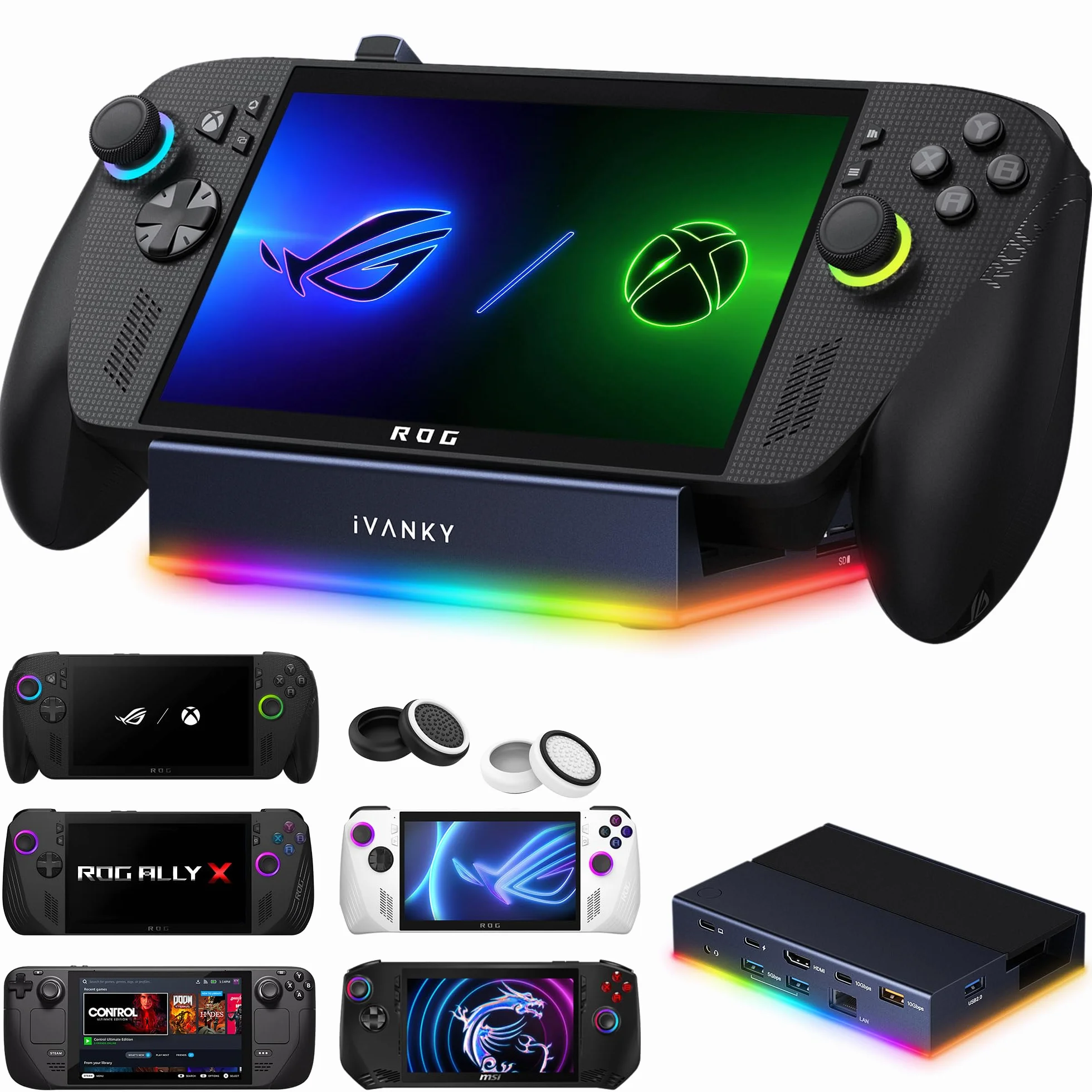 iVANKY 14-in-1 RGB ROG Ally Dock met HDMI 2.1 4K@120Hz, 1Gbps Ethernet, USB 3.2 10Gbps, gniazdka SD/TF, 100W USB-C Opladen, Docking Station Compatibel met ASUS Alloy/Legion go/Valve Steam Deck