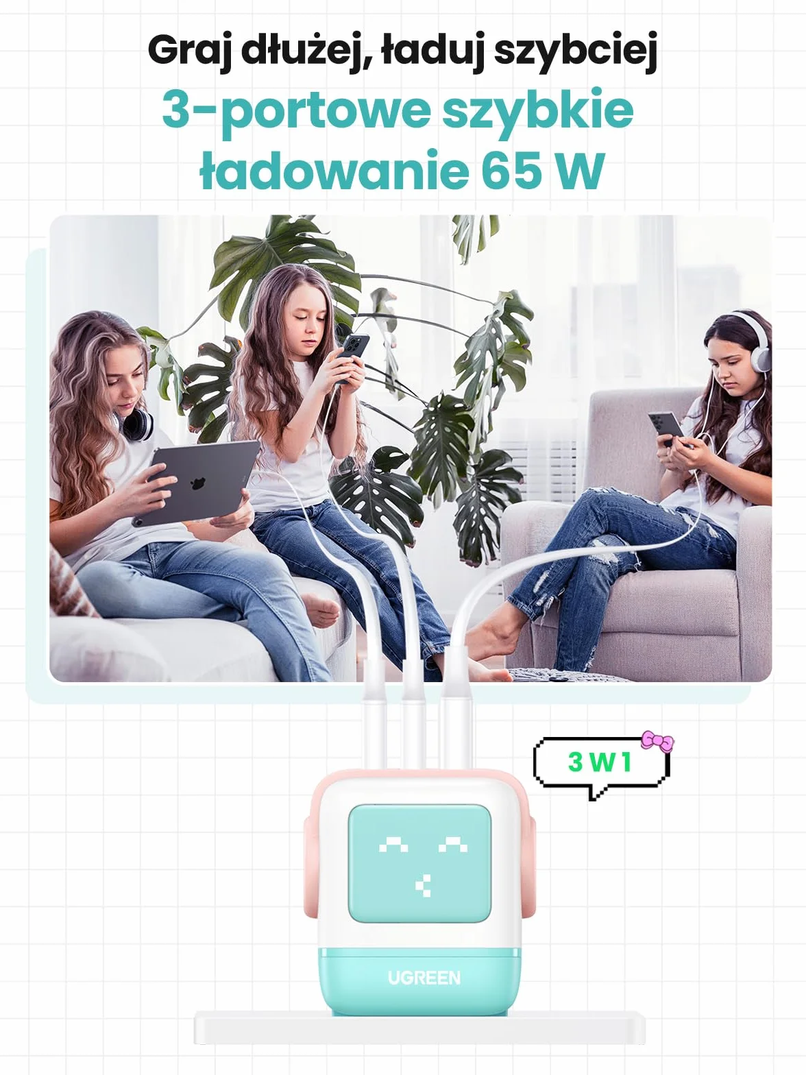 UGREEN Uno USB C Charger 65W 3-Port Fast Charger LED kompatybilny z MacBook Pro/Air, iPad, iPhone 15 Pro Max, Galaxy S24 Ultra, Steam Deck