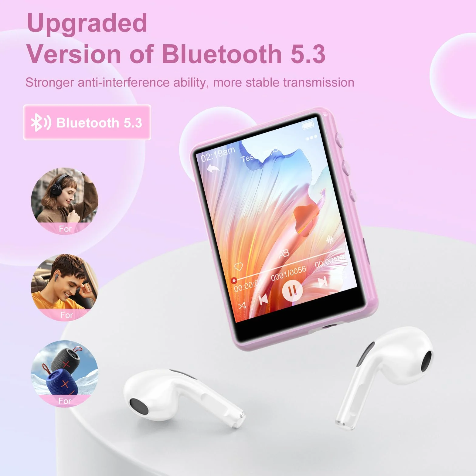 Odtwarzacz MP3 64 GB Bluetooth 5.3 2,4-calowy ekran dotykowy przenośny HiFi odtwarzacz muzyczny z głośnikiem Radio FM różowy