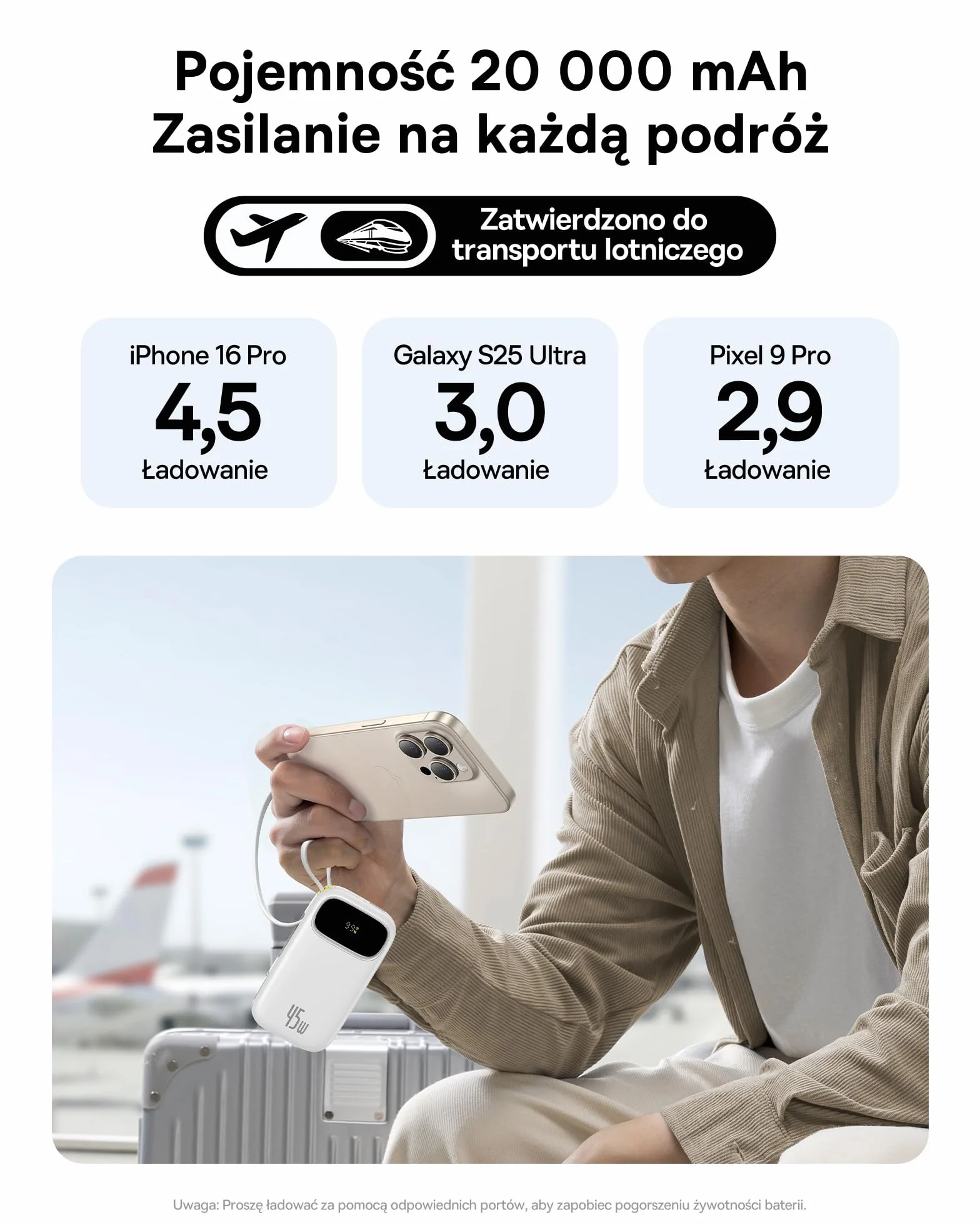 Baseus QPow3 Powerbank 45W 20000mAh z 2 wbudowanymi kablami USB-C PD3.0 QC4.0 Biały